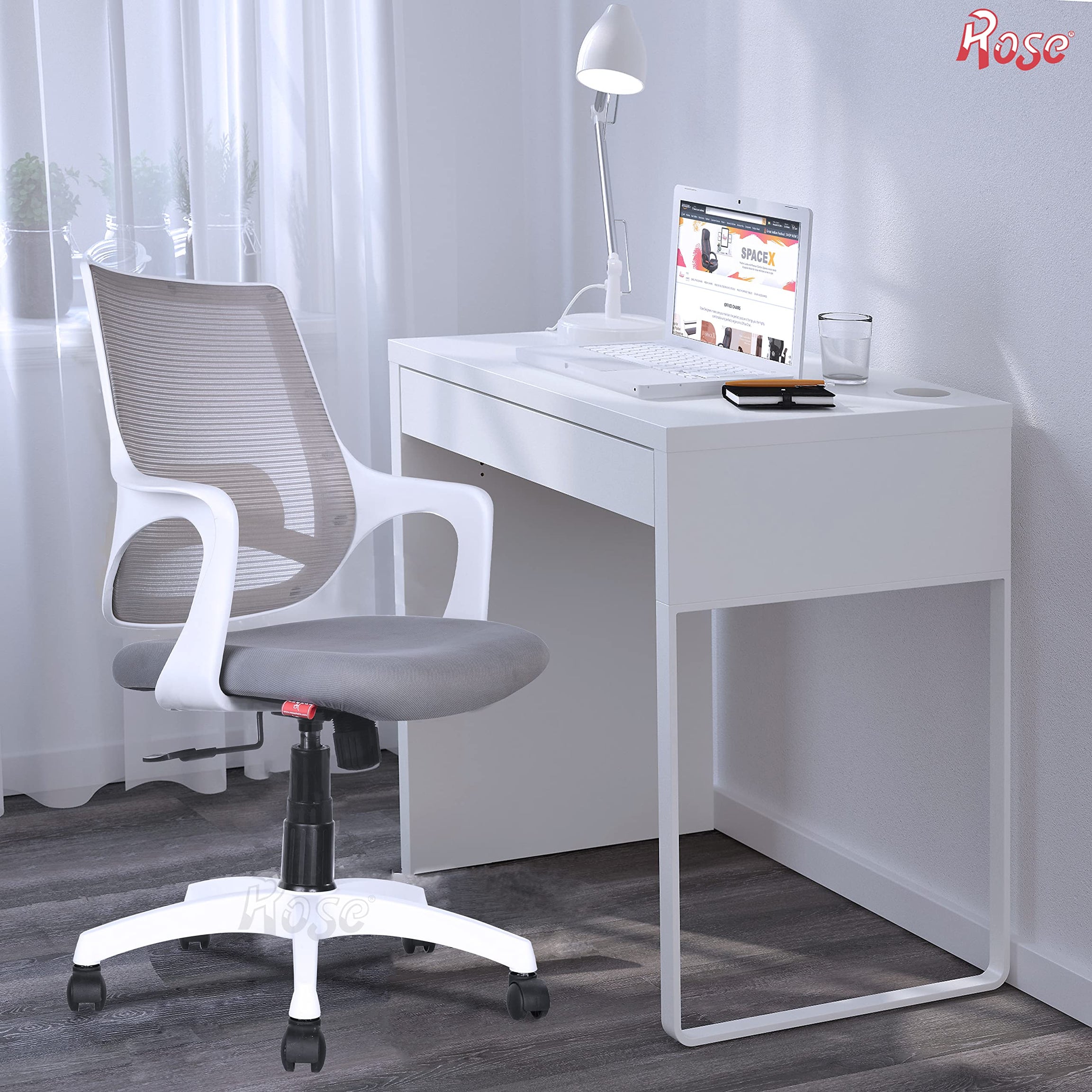 ROSE® Mono Mesh Mid-Back Ergonomic Office Chair |Revolving Computer Chair fot Study, Work from Home (White & Grey)