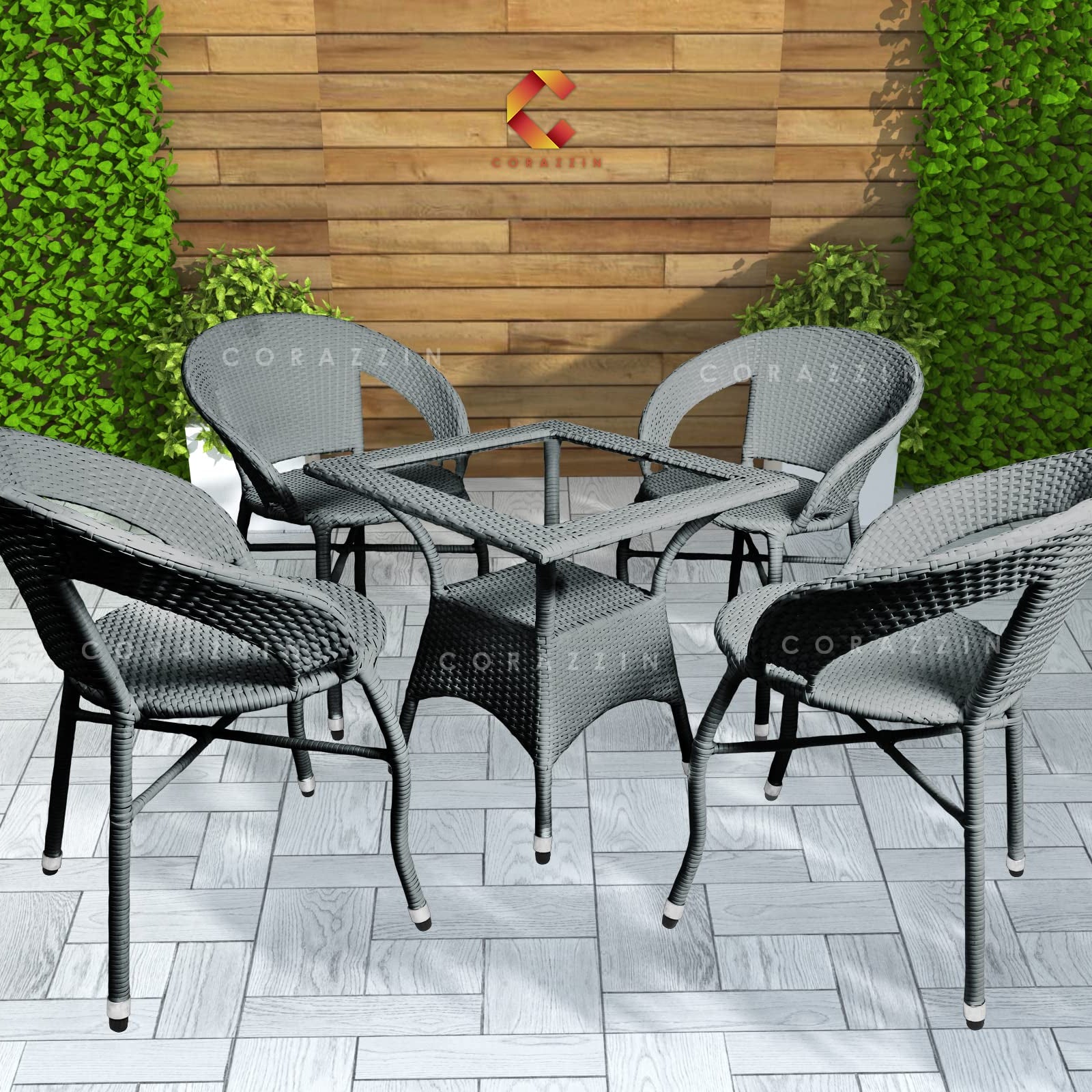 Corazzin Garden Patio Seating Chair And Table Set Outdoor Balcony Garden Coffee Table Set Furniture With 1 Square Table And 4 Chairs Set (Grey) - Rattan, 32 Inch, 19 Inch