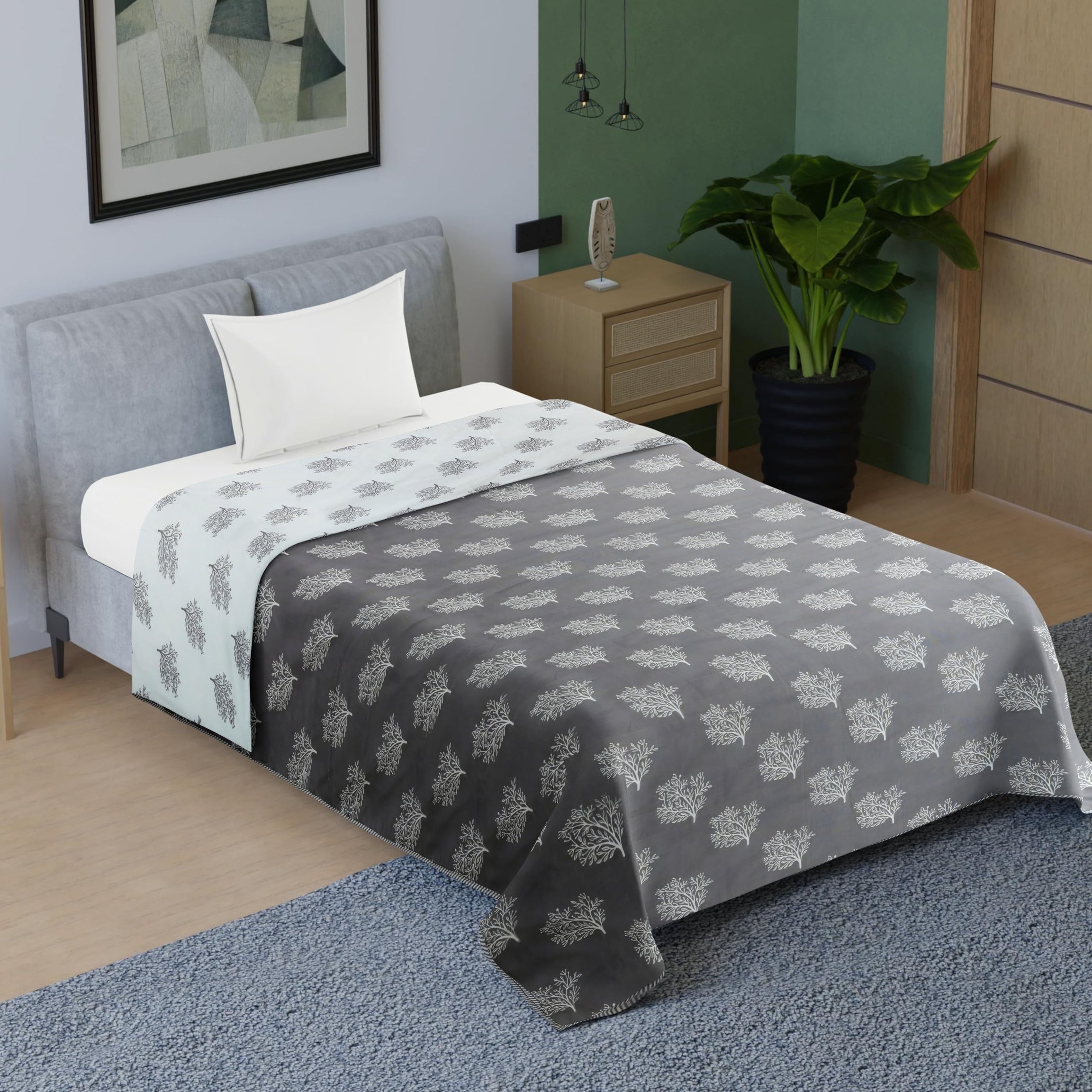 BENAVJI Pure Cotton 150 GSM Reversible Soft Lightweight Printed Single Bed Blanket/AC Dohar/Skin Friendly Dohar Size 56X84 Color Dark Grey