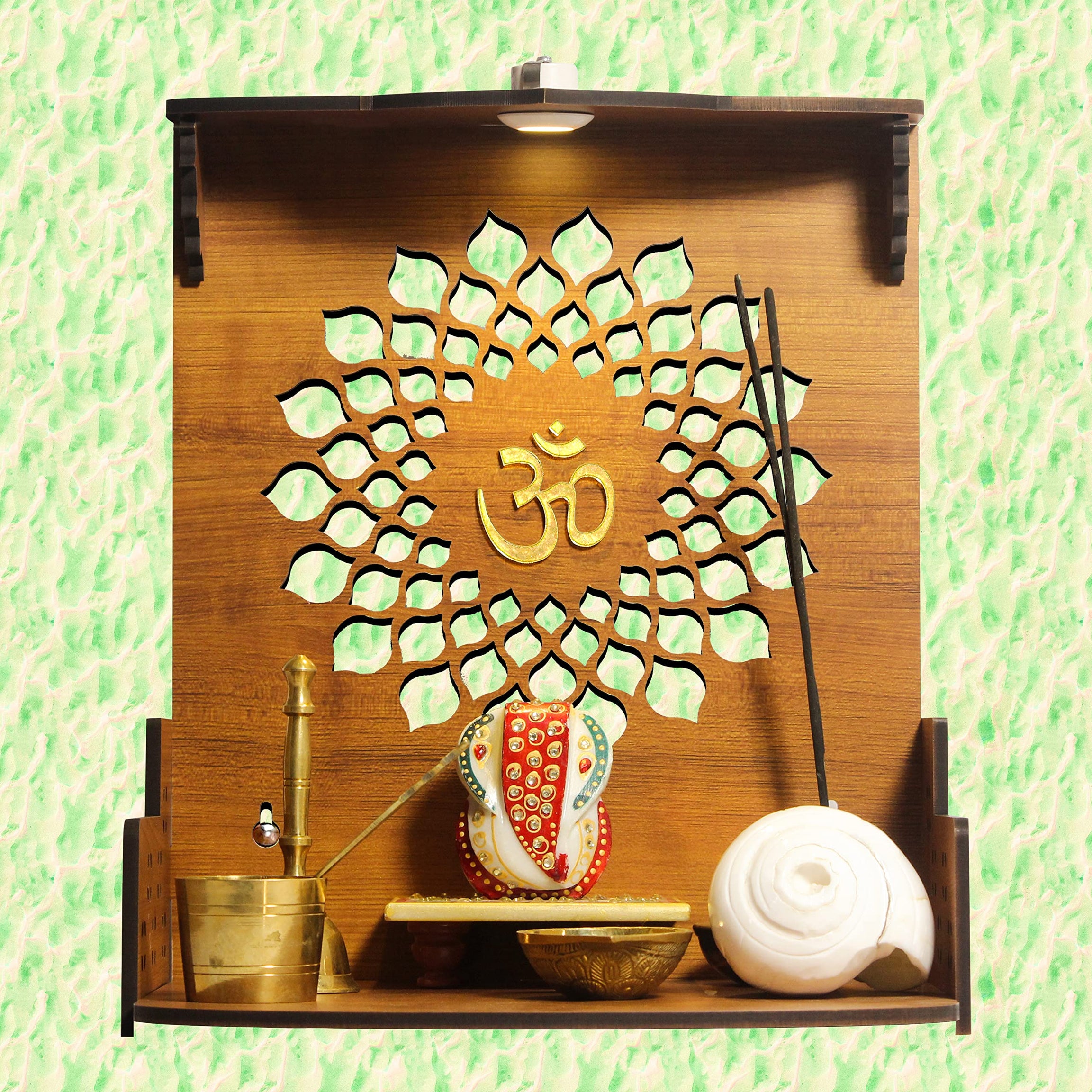 Heartily Aura Beautiful Wooden Pooja Stand Mandir for Home Temple for Office Puja Mandir for Home Wall with LED Spot Light Product (Height- 12, Depth- 8.6, Width-10.5 Inch) (Brown)