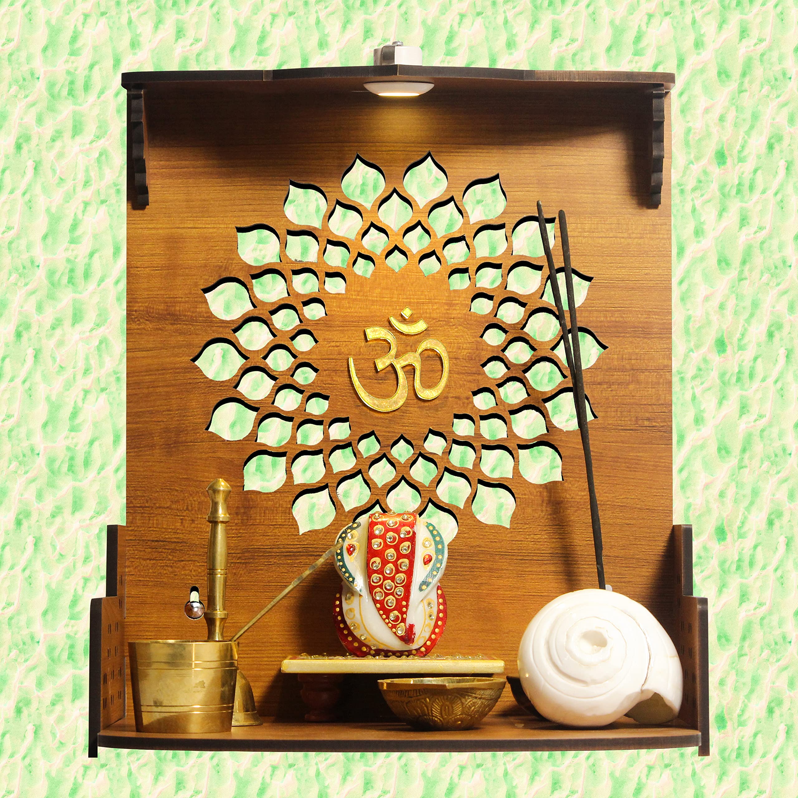 Heartily Aura Beautiful Wooden Pooja Stand Mandir for Home Temple for Office Puja Mandir for Home Wall with LED Spot Light Product (Height- 12, Depth- 8.6, Width-10.5 Inch) (Brown)