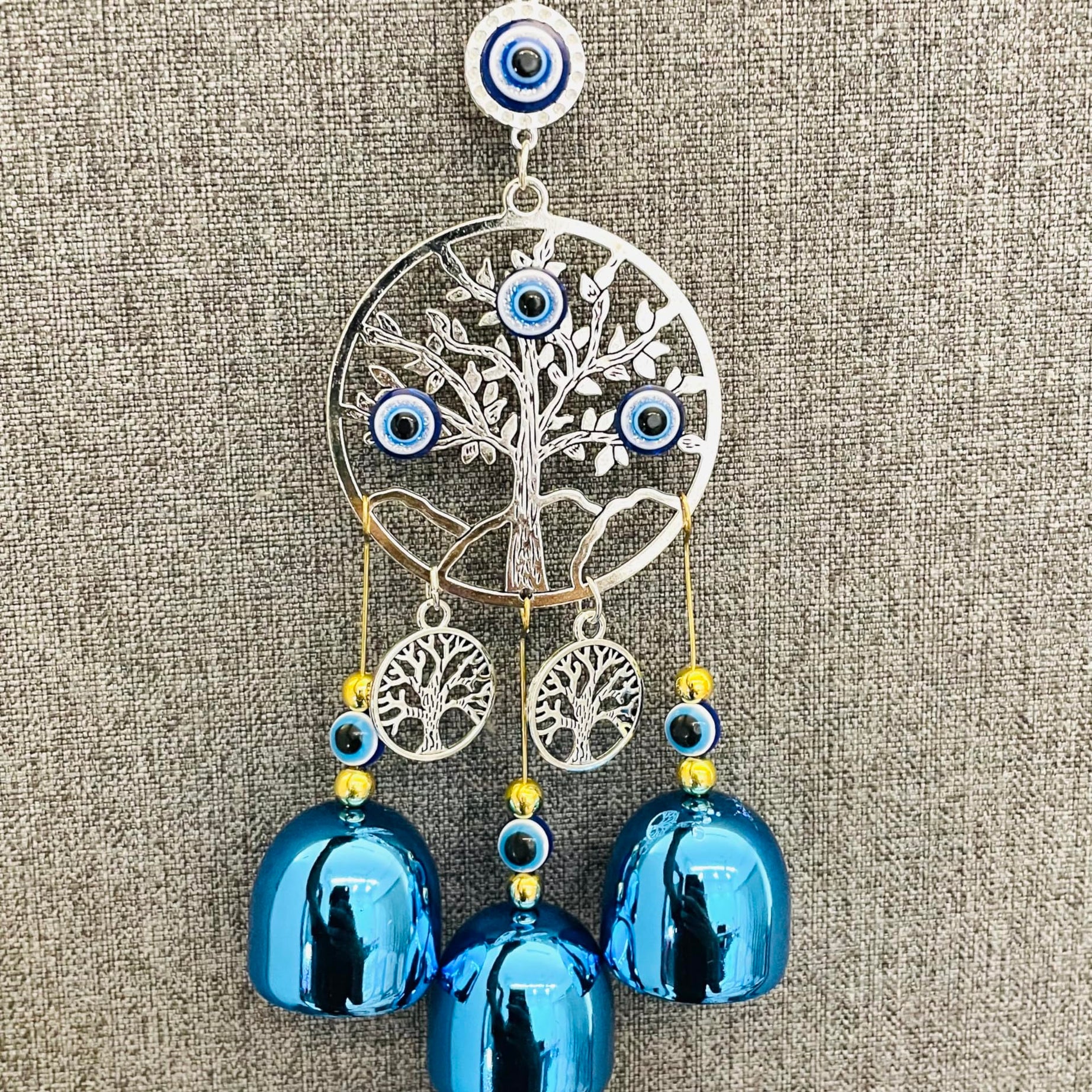 WARMINGO DE Evil Eye Wind Chime 3 Bells for Home & Office - Brings Positive Vibes & Removes Negative Energy | Evil Eye Wind Chime | Evil Eye Tree 3 Bells