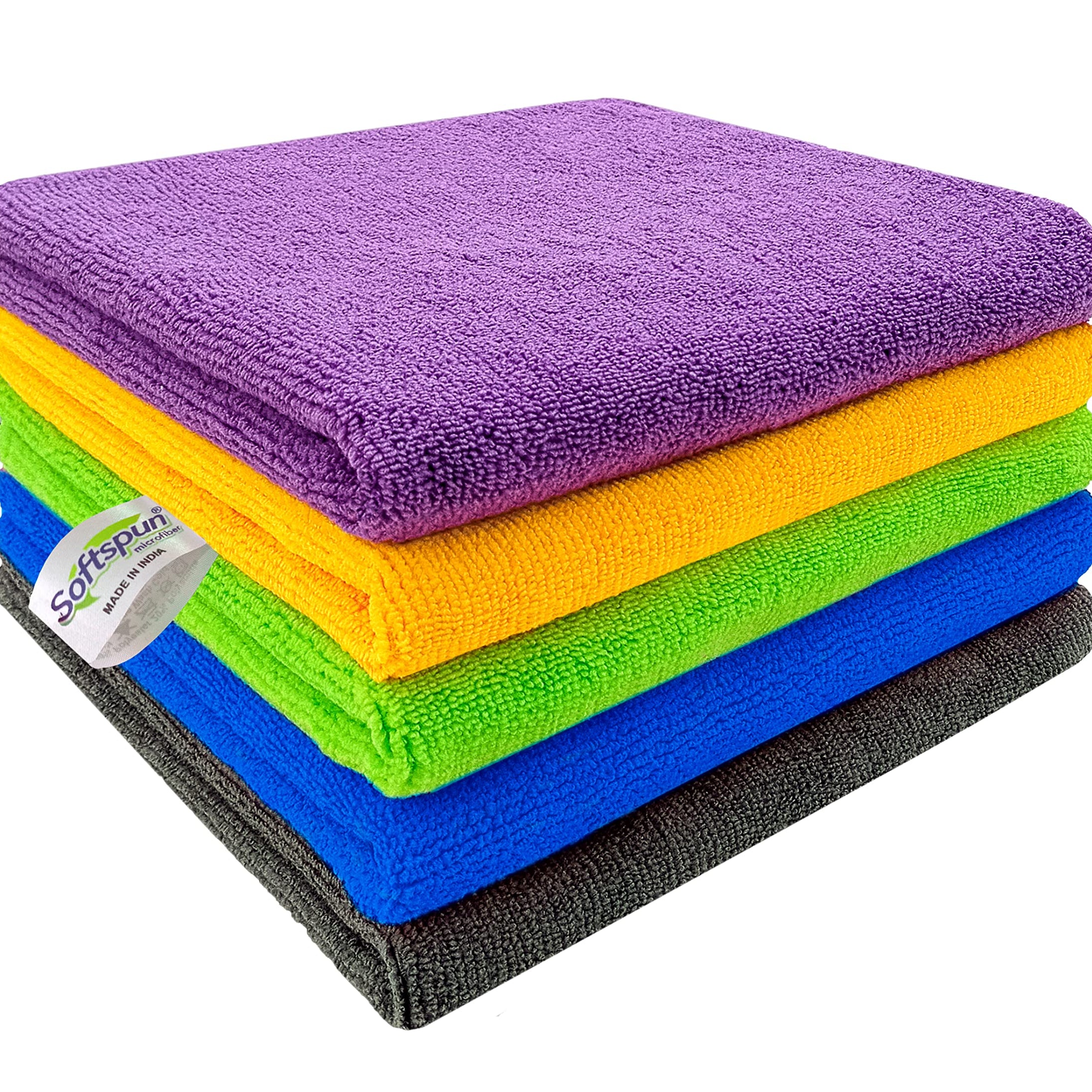 SOFTSPUN Microfiber Cloth 5pcs 40x40cms 340 GSM Multi-Color! Thick Lint & Streak-Free Multipurpose Cloths Automotive Microfibre Towels for Car Bike Cleaning Polishing Washing & Detailing.