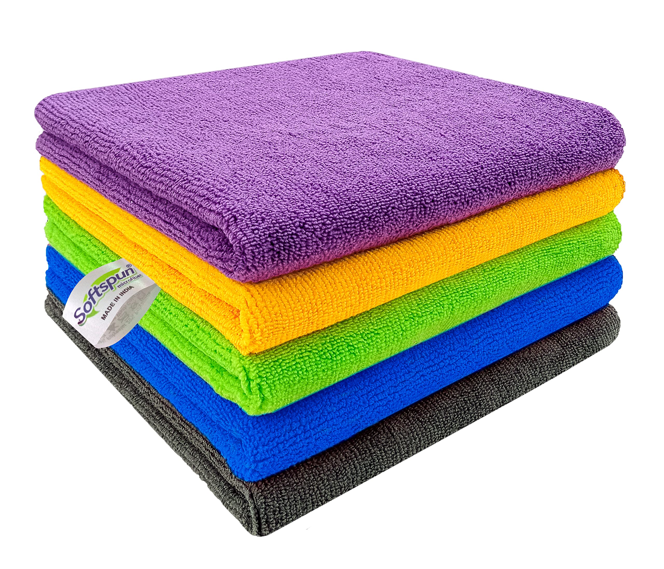 SOFTSPUN Microfiber Cloth 5pcs 40x40cms 340 GSM Multi-Color! Thick Lint & Streak-Free Multipurpose Cloths Automotive Microfibre Towels for Car Bike Cleaning Polishing Washing & Detailing.