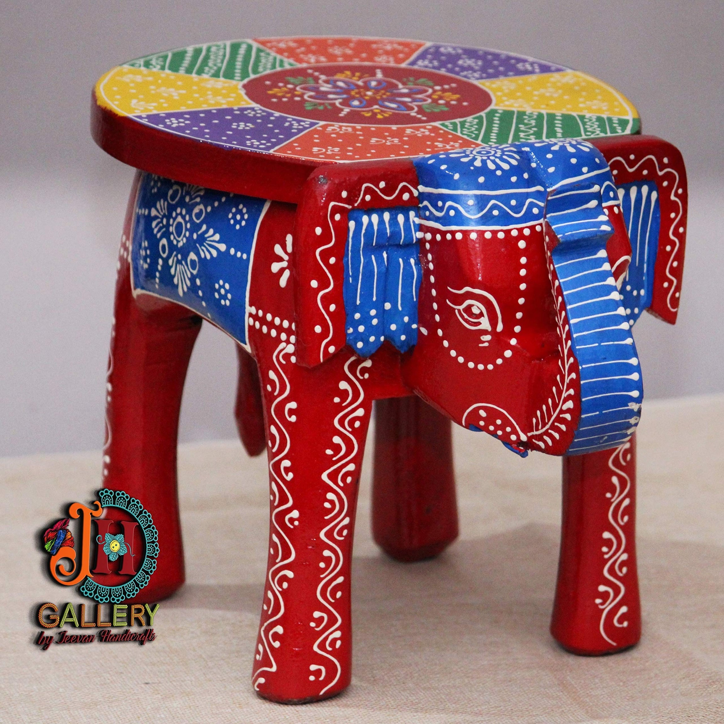 JH Gallery Handcrafted and Emboss Painted Colorful Wood Elephant Shape Garden Table (8 Inches Height, Red)