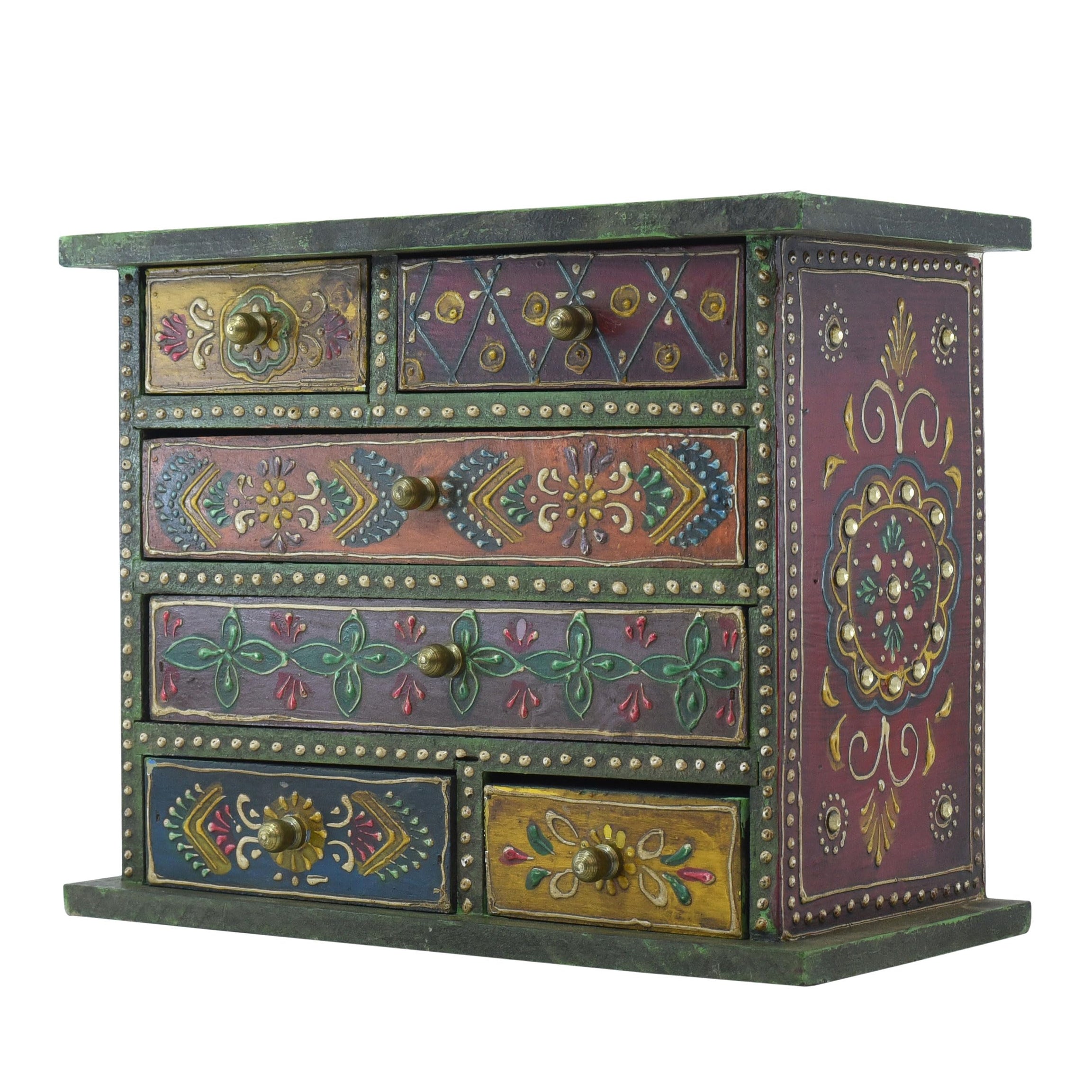 KRAFTSKALA Exquisite Hand-Painted Rajasthani Art Storage Box, Utility Chest of 6 Drawers for Stationery, Tv Remote, Small Gadgets, Living Room Table Decor