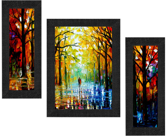 SAF Set of 3 Walking Couple in Forest Watercolor UV Coated Home Decorative Gift Item Framed Painting 13.5 inch X 22.5 inch SANFSAA9201-Multicolour