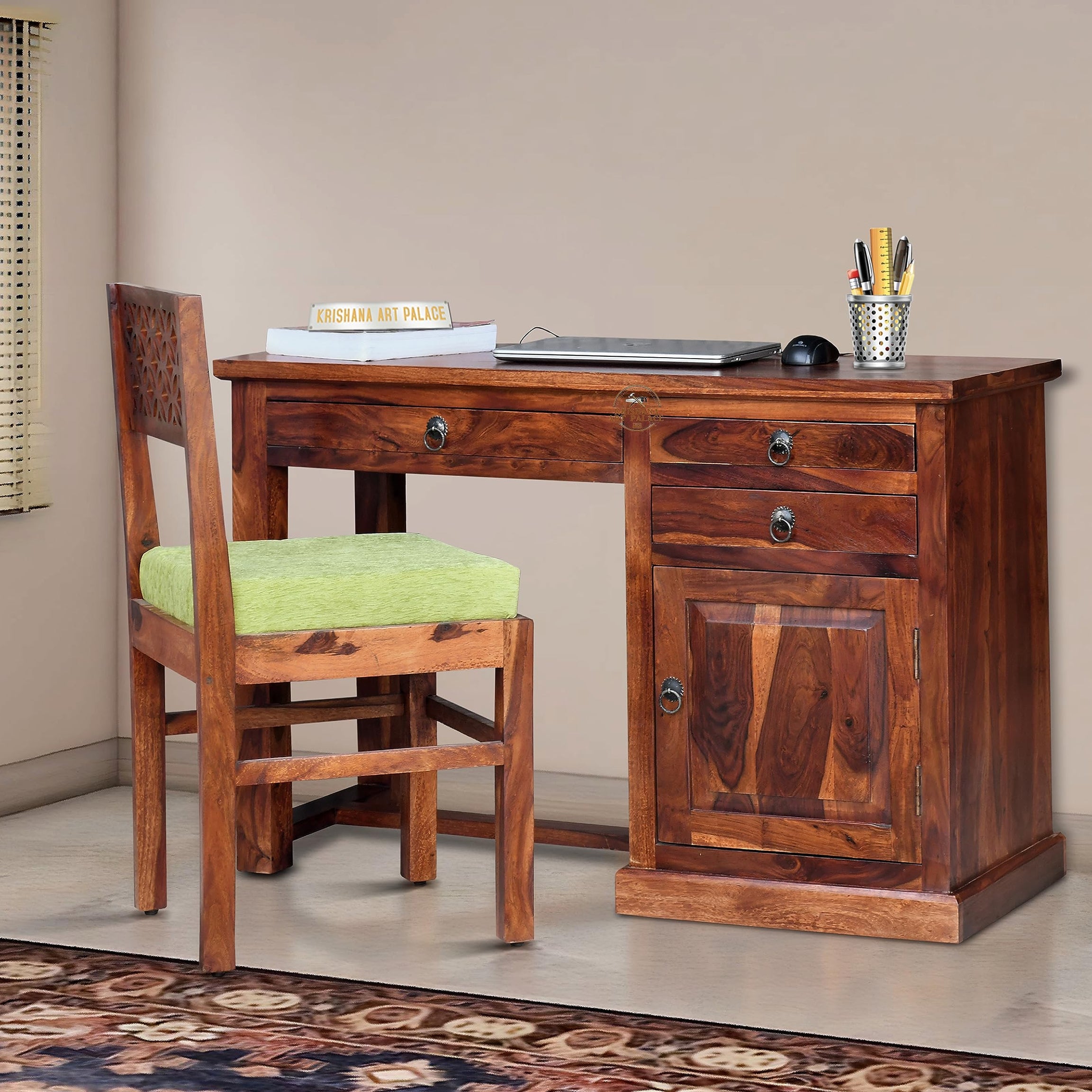 Krishana Art Palace Sheesham Wood Wooden Study Writing Desk Table for Office in Modern Design & Standard Size | Laptop Computer Table for Home and Office | Sheesham Solid Wood Glossy Finish,