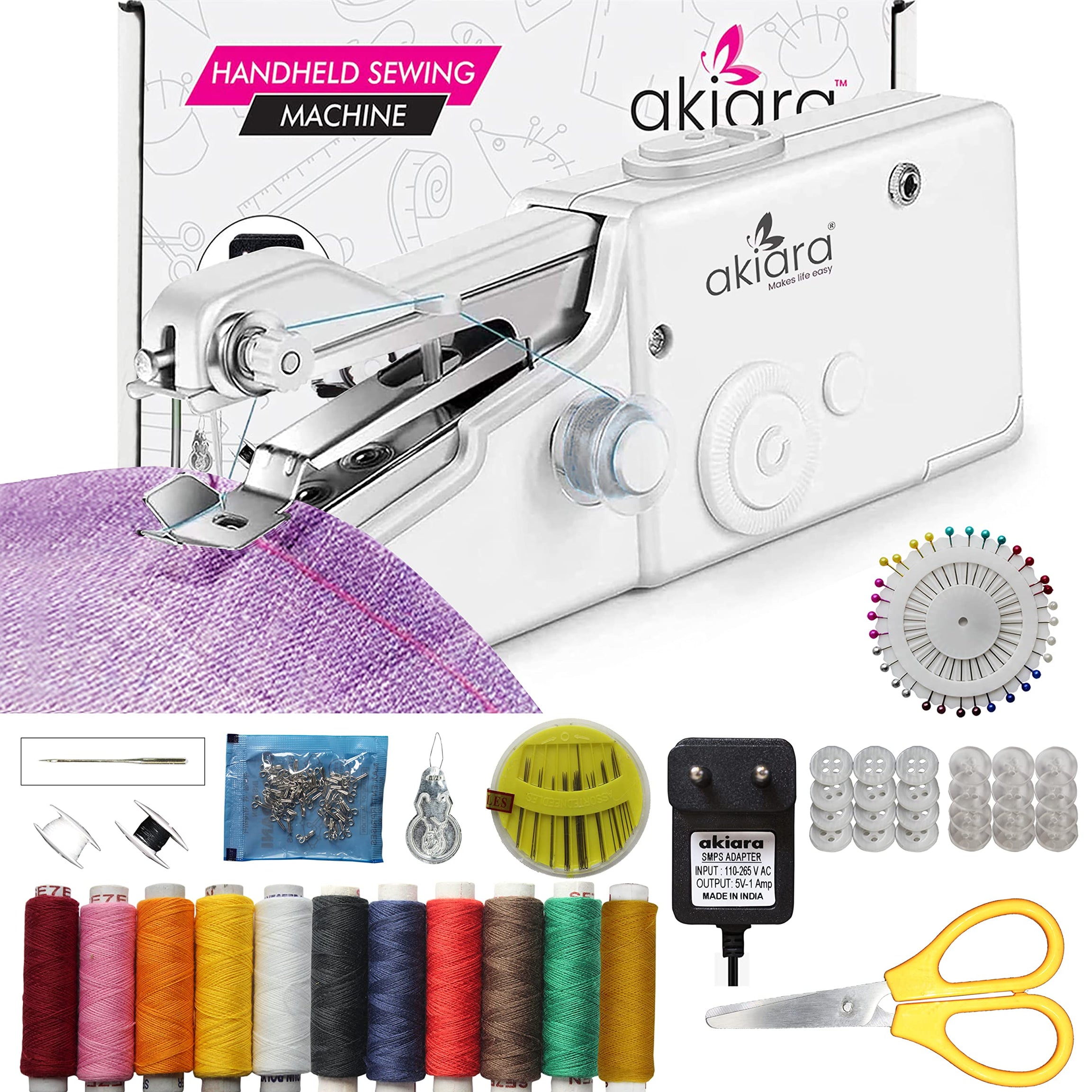 akiara - Makes life easy Handy Sewing Machine/Stitch Machine | Mini Silai Machine for Home Tailoring use with Sewing Kit and Thread Scissors, Needle All in One Sewing Handy Sewing + Kit 2, White