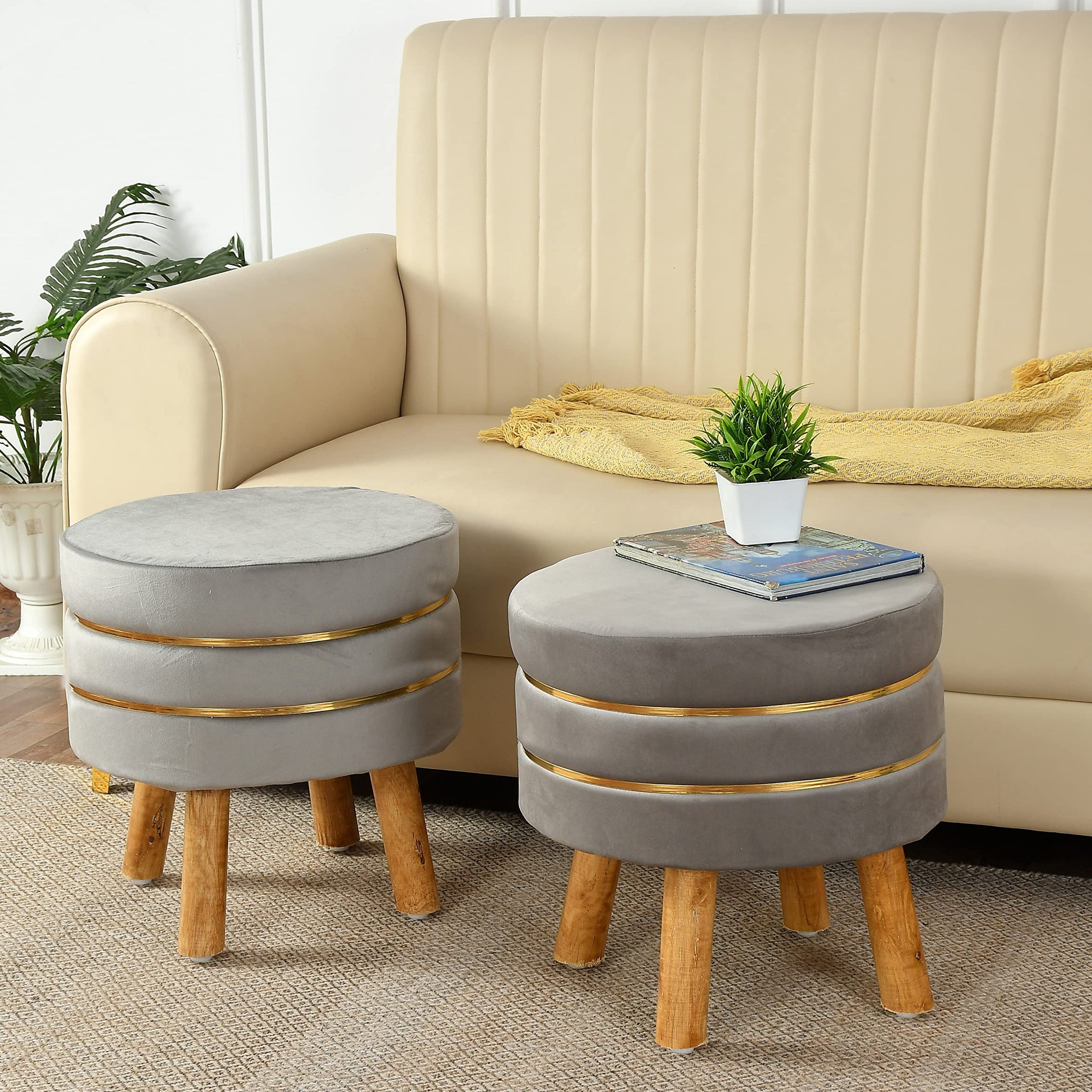 SR CREATIONS Ottoman Pouffes Sitting Stool Set of 2 for Living Room Velvet Wooden Furniture Puffy Footrest Foot Footrest Seat Pouf Footstool for Office Home Decor, 16x16x17 Inches, Grey