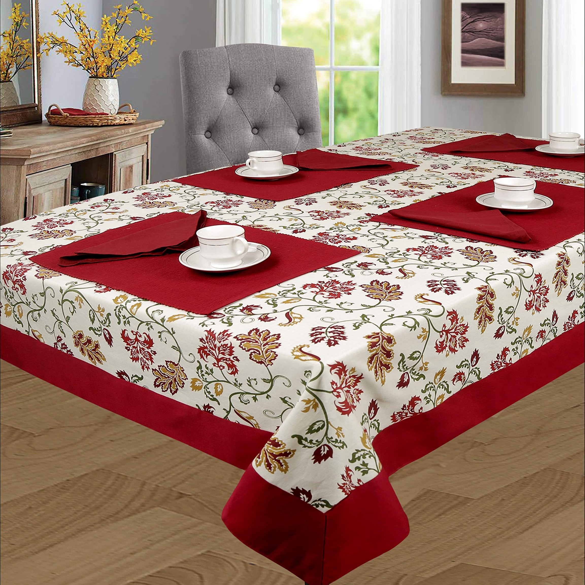 SHADES OF LIFE 100% Cotton Paisley Print Dining Table Cover for 6 Seater with Plain Border, Non Slip, Washable, Long Lasting Linen Center Table Cloth, (60 * 90 inch)(Maroon) Pack of 1