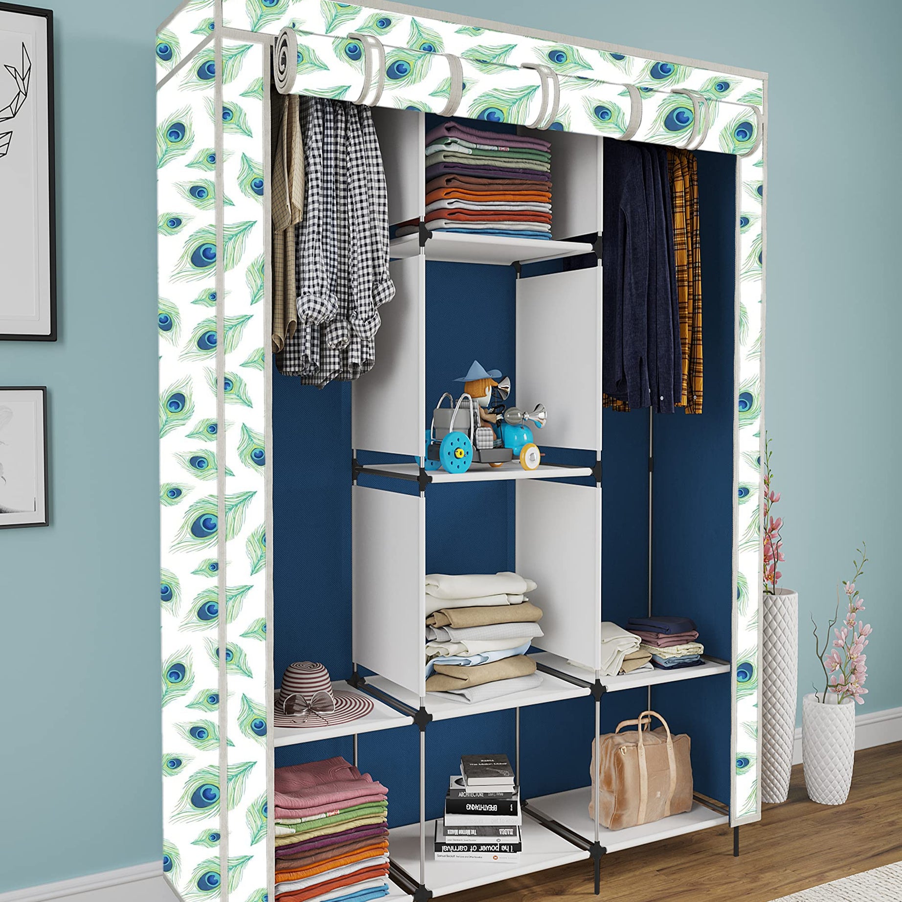 Maison & Cuisine® Printed Collapsible Wardrobe Portable Foldable Closet for Clothes Almira, 2 Hanging Space, 8 Shelves, 1 Side Pocket Non-Woven Fabric 100 GSM (3000-3 Peacock Blue)