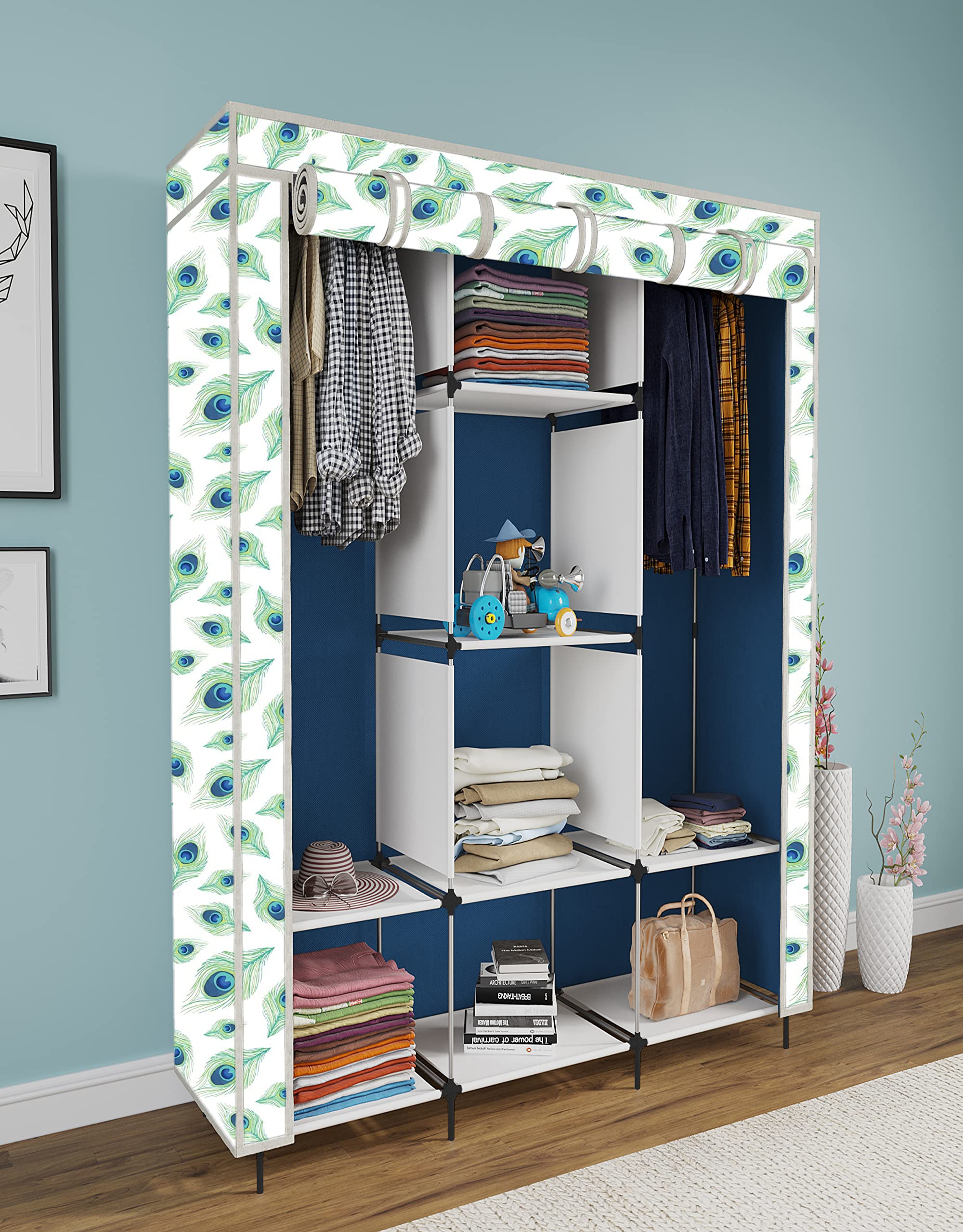 Maison & Cuisine® Printed Collapsible Wardrobe Portable Foldable Closet for Clothes Almira, 2 Hanging Space, 8 Shelves, 1 Side Pocket Non-Woven Fabric 100 GSM (3000-3 Peacock Blue)