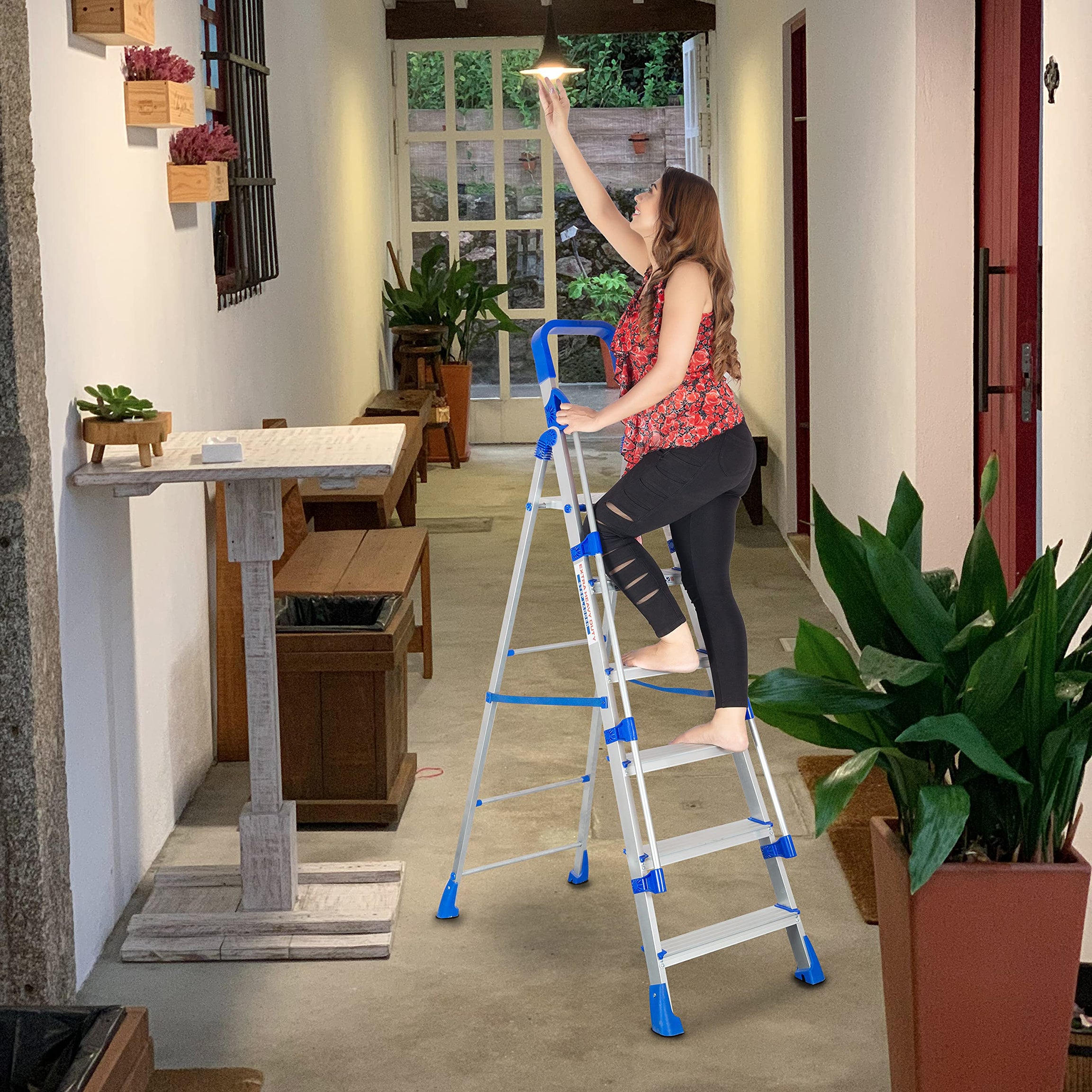 Parasnath Railing Home Pro 6 Step Light Weight Full Aluminium Heavy Duty Folding Ladder 20 Years Warranty Made in India,Blue