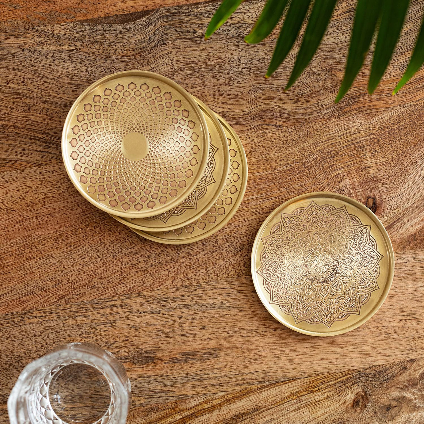 ExclusiveLane 'Mughal-Mandala' Hand-Etched Pure Brass Coasters for Cups Tea Coasters for Glasses Dining Table Coaster for Hot Pots Tableware (Set of 4, Golden)