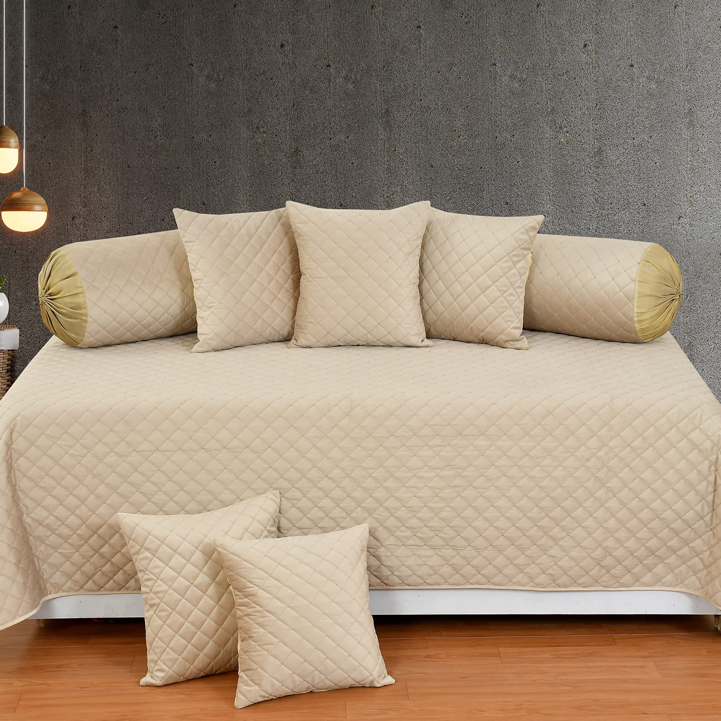 diwan set (cream) S.D overseas (1 Single Bedsheet, 5 Cushion Covers, 2 Bolster - Set of 8) heavy holland fabric