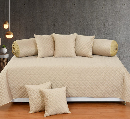 diwan set (cream) S.D overseas (1 Single Bedsheet, 5 Cushion Covers, 2 Bolster - Set of 8) heavy holland fabric