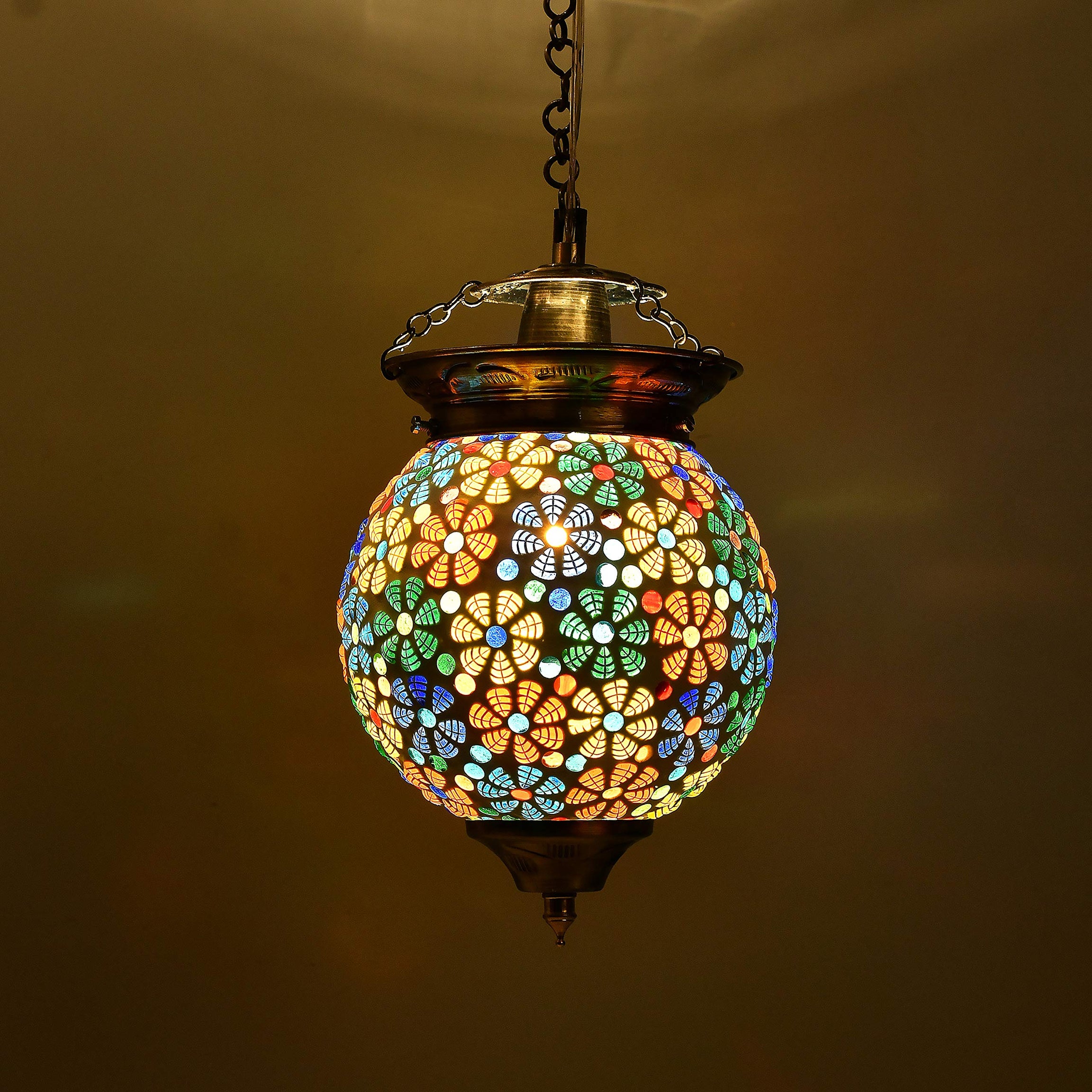 Homesake® Antique Turkish Moroccan Mosaic Pendant with Metal hangings, Ceiling Hanging Light, (Flower, Turkish)…