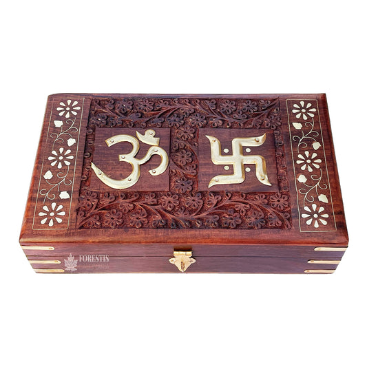 FORESTIS GALLINARIA™ Exquisitely Hand Brass-Filled Wooden OM Box for Good Luck| Jewellery Box| Kit| Vanity| Organiser For Women, Girls, Gold,Cash,money (10x6 Inches, Pious Galaxy)