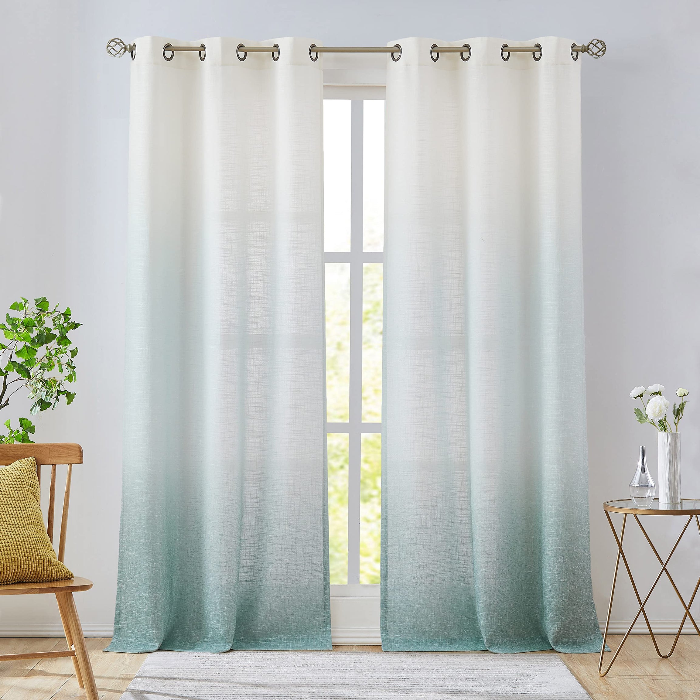 WEST LAKE Aqua Blue Ombre Linen Curtains for Bedroom 84 Inches Cream White and Aqua Gradient Drape for Living Room Kids Room Window Treatments Semi Sheer Grommet Top 50" Wx84 L,Set of 2