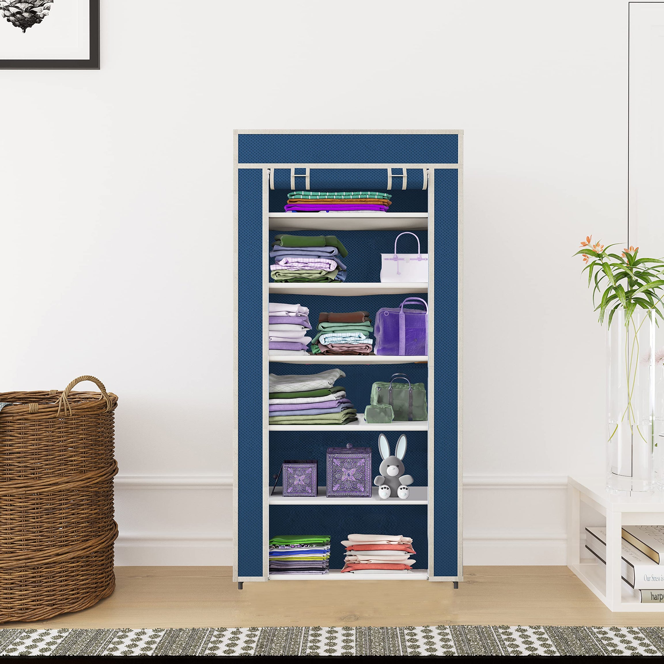 Maison & Cuisine® Collapsible Wardrobe Storage Shelves Clothes Racks Fabric Almirah Non Rustable Iron (6L, Blue)