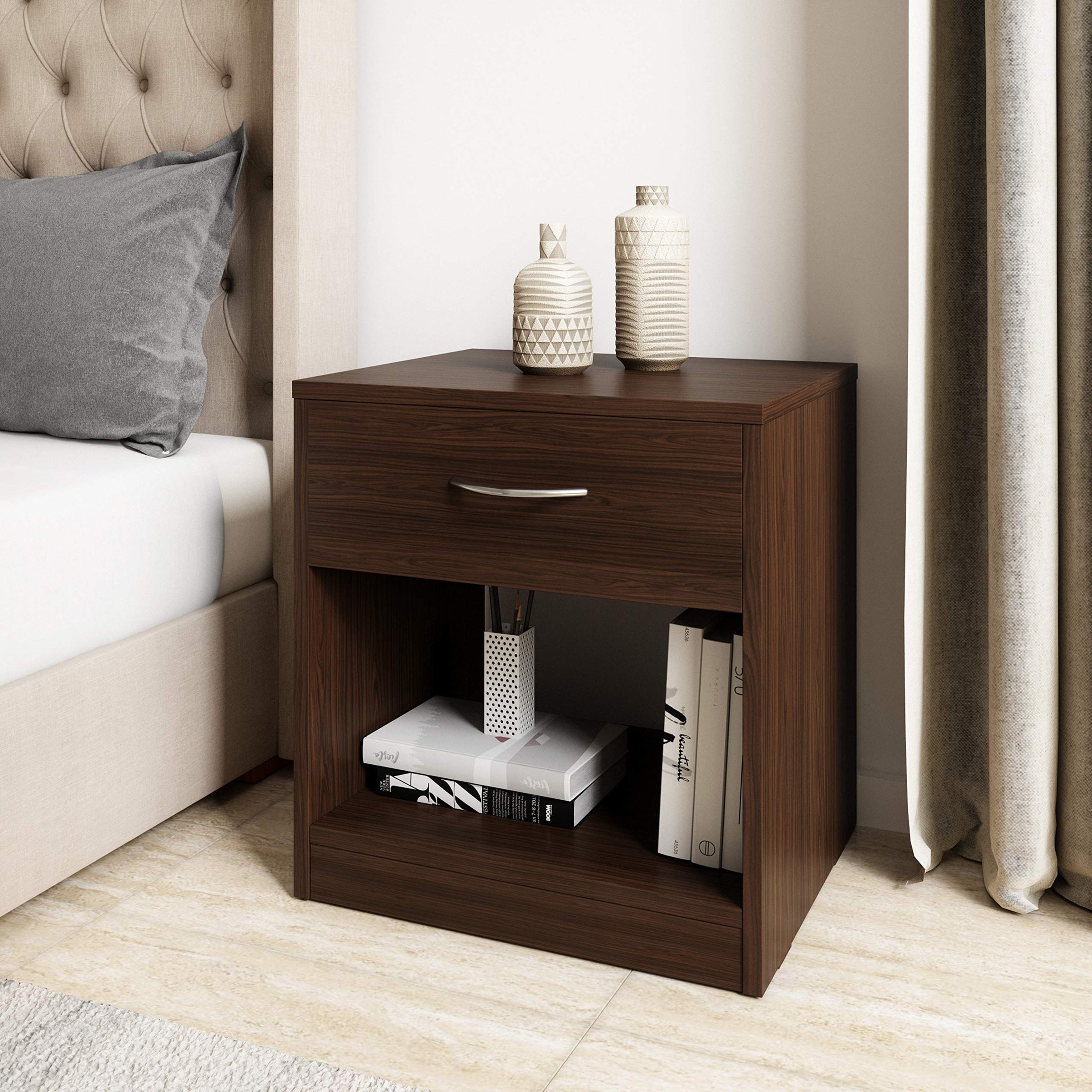 Amazon Brand - Solimo Mars Engineered Wood Walnut Finish Contemporary Bedside Table with Drawer (Brown)