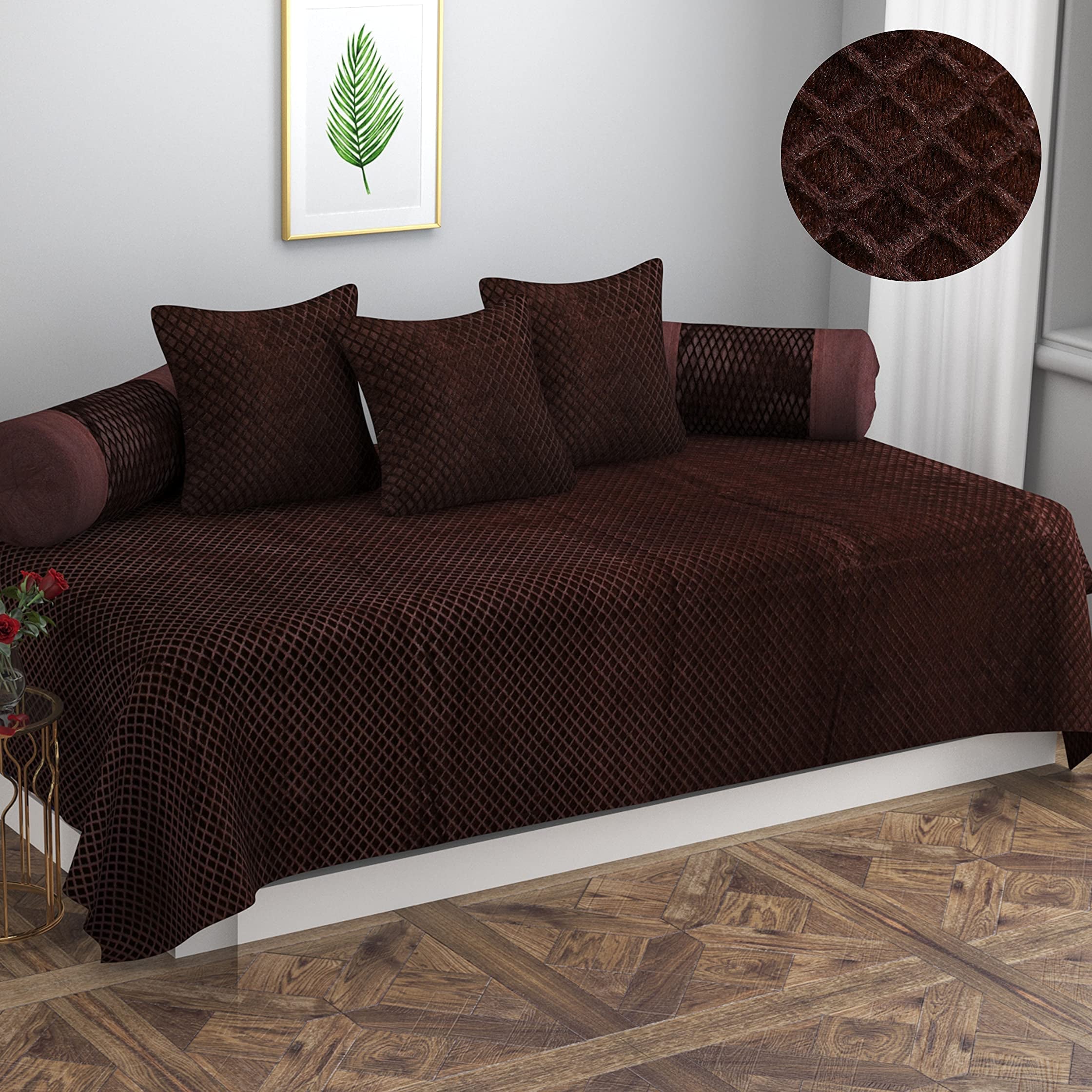 Zesture Bring Home Premium Embossed Velvet Pixel Design 6 Piece Diwan Set -(1 Single Bedsheet, 3 Cushions, 2 Bolster Covers) (Diwan Set (1+2+3), Dark Brown)