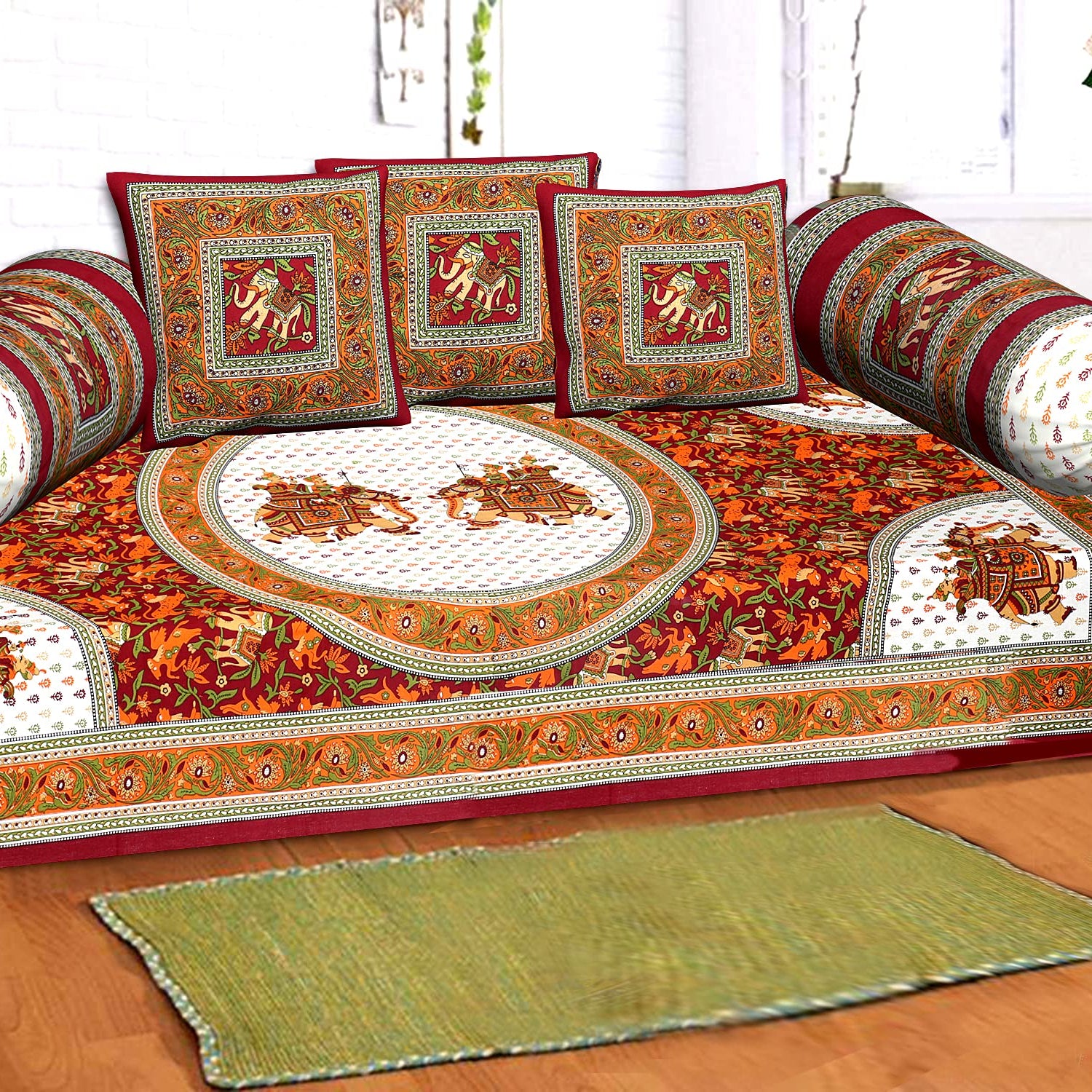 RajasthaniKart Traditional 6 Piece Diwan e-Khas - 100% Cotton, Multicolor Elephant