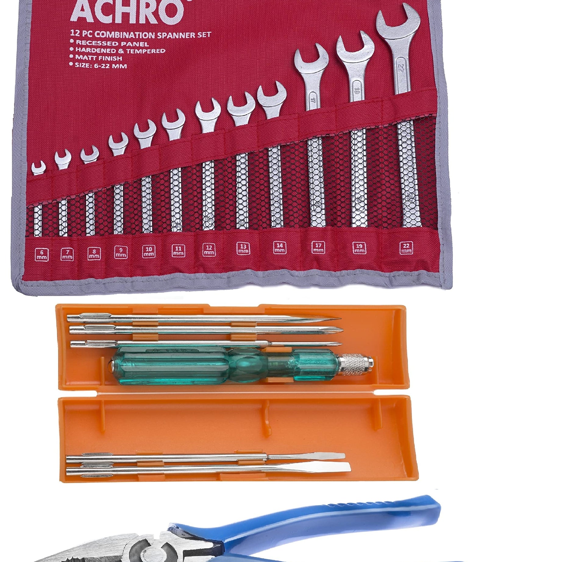 ACHRO 919 Universal Tool Kit Set (6 Pcs Screwdriver Set & 12 Pcs Spanner Set, 8 inch Plier) Set of 19 Pieces