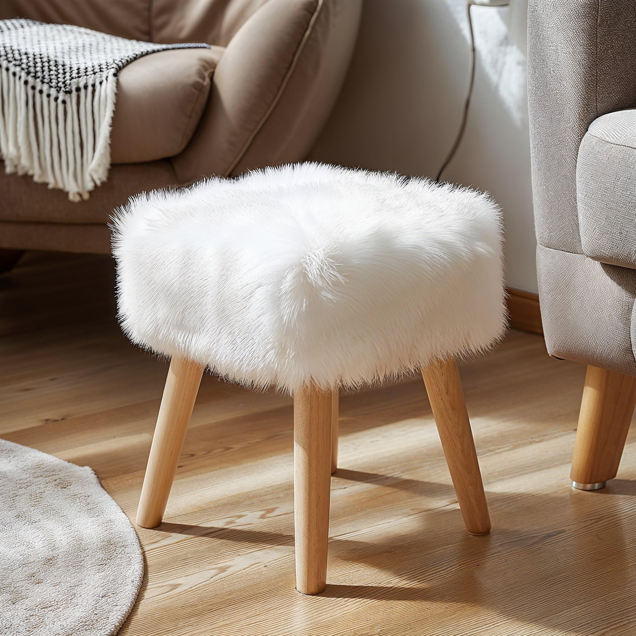 Decor & More Square Ottoman 35 X 29 X 40 Cm,Pouffe Stool With Removable Fur Cover,Puffy Stool,With Removable Wooden Legs,Ottoman Stool For Living Room (Ottoman Stool (Wood)) - Multicolor