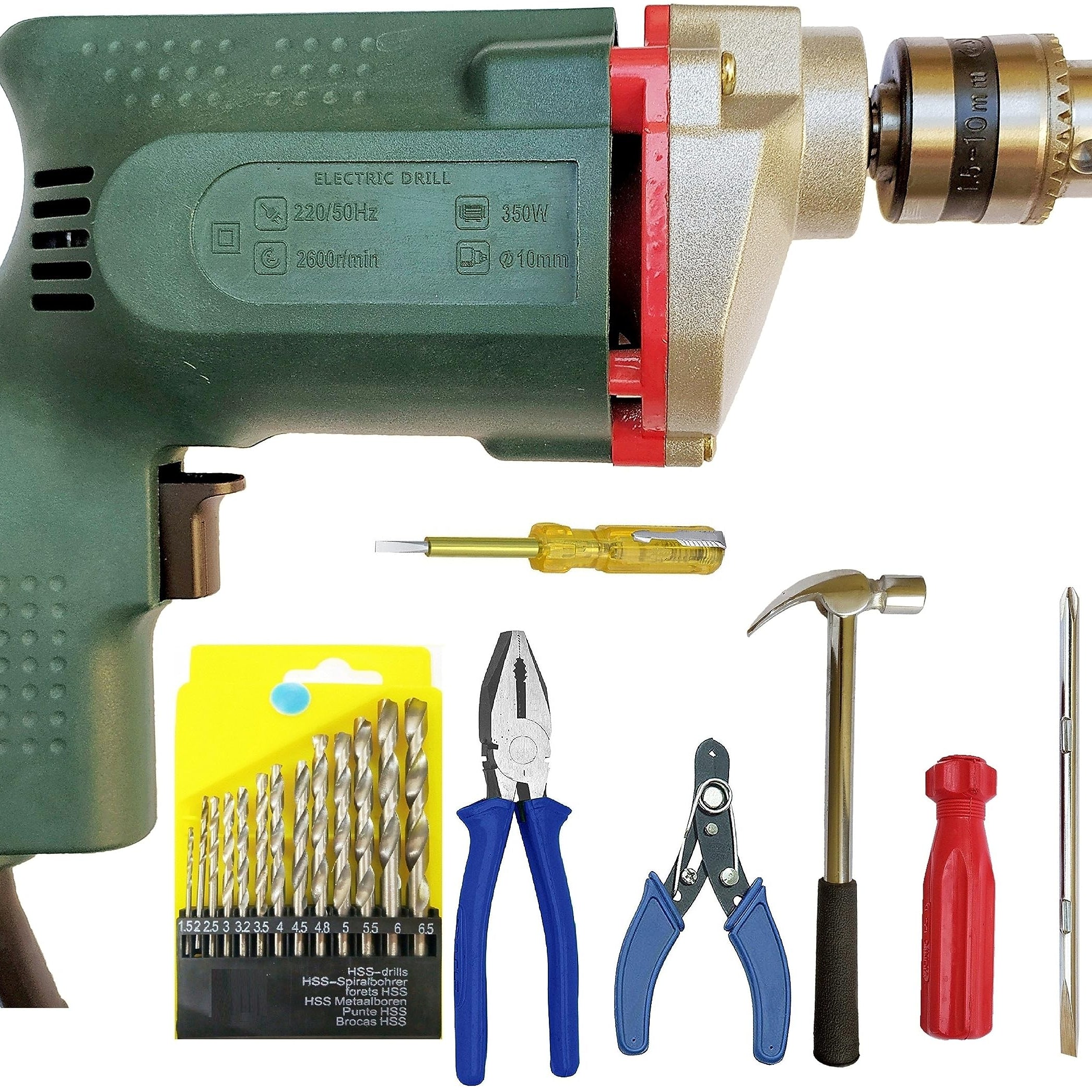 Inditrust With 6 MONTHS WARRANTY New 10mm Electric Drill Machine with 13pc hss Plier Wire Cutter Tester Screwdriver Hammer Masonry bit Set Pistol Grip Drill