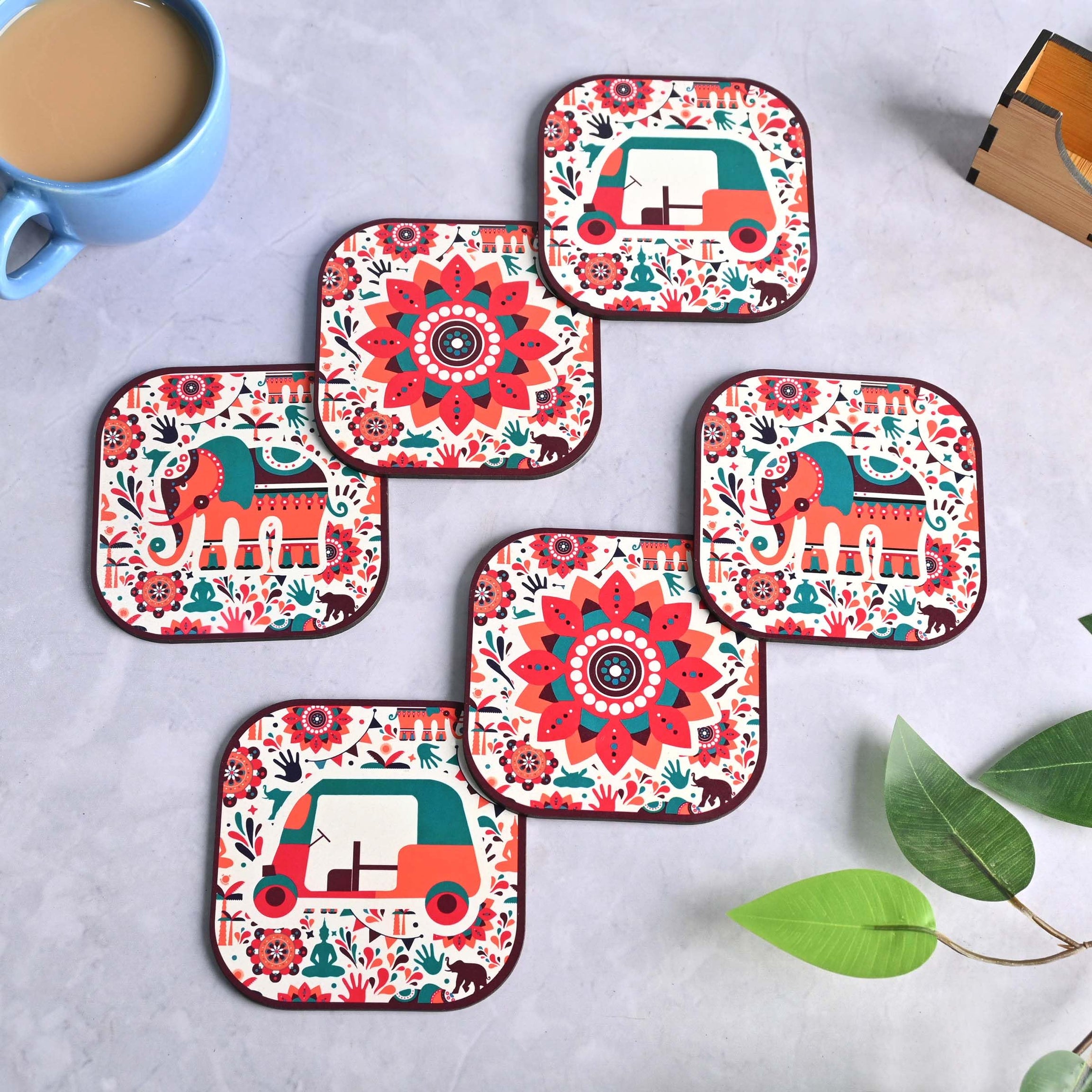 GKD Coaster Set of 6 Vibrant India Theme Design Wooden Coasters to Serve Tea Cups, Coffee Mugs and Glasses (3.8 x 3.8 inch) (Square) (Ecofriendly)