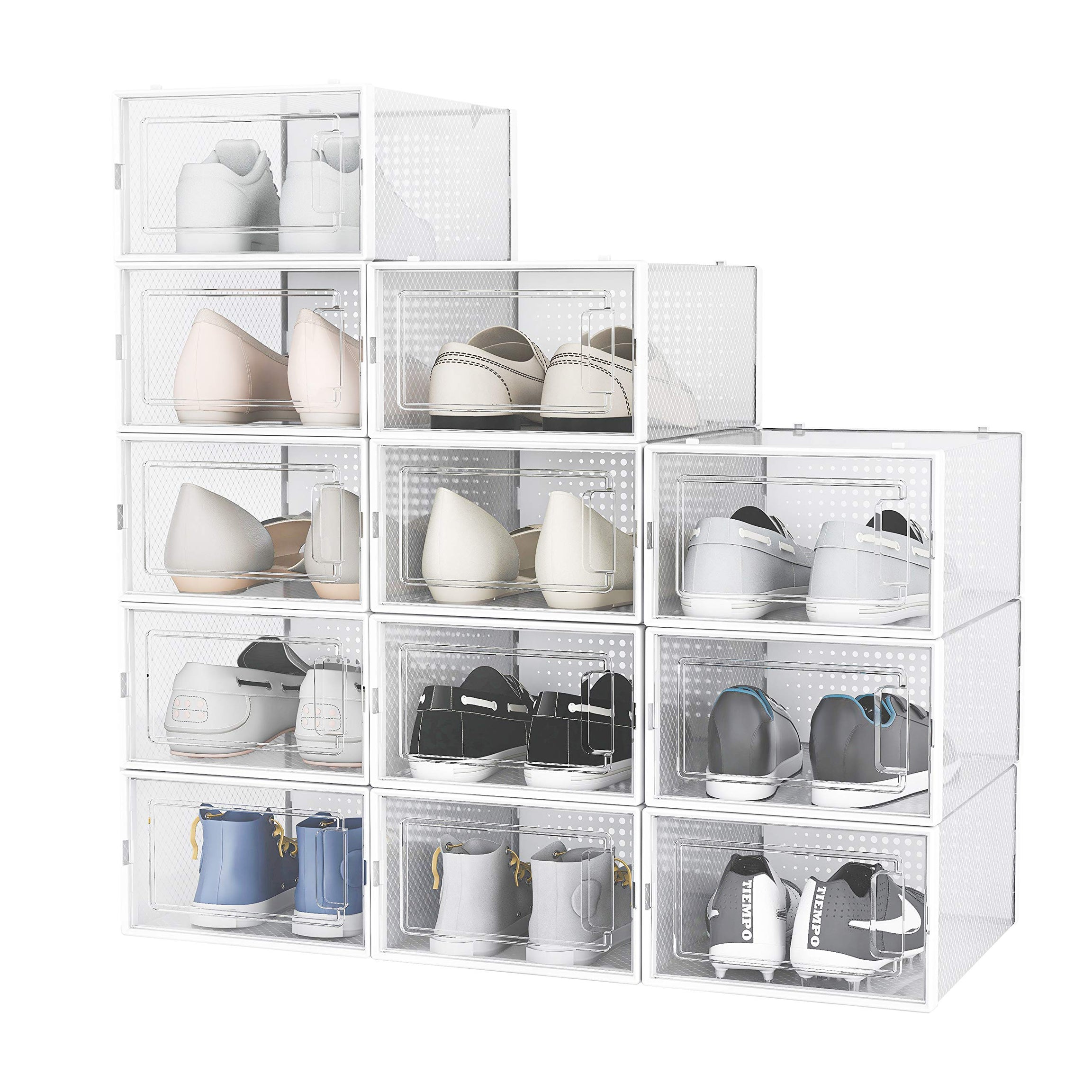 Primalite Plastic Stackable Rectangular Shoe Storage Boxes- 12 Pack, Foldable Rack Stand Holder Containers for Closet, Sneaker Shelf Multipurpose Space Saver Cabinet- upto UK: 9.5, US: 10, Transparent