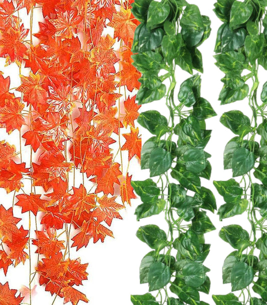 Dekorly Artificial Green Leaf Vine Money Plant Hanging, Artificial Ivy Leaves, Artificial Creeper Leaf Vine, Artificial Ivy Foliage, Ivy Wall Decor,Roof Decor | Each Plant 6 Feet (Orange & Green, 4)