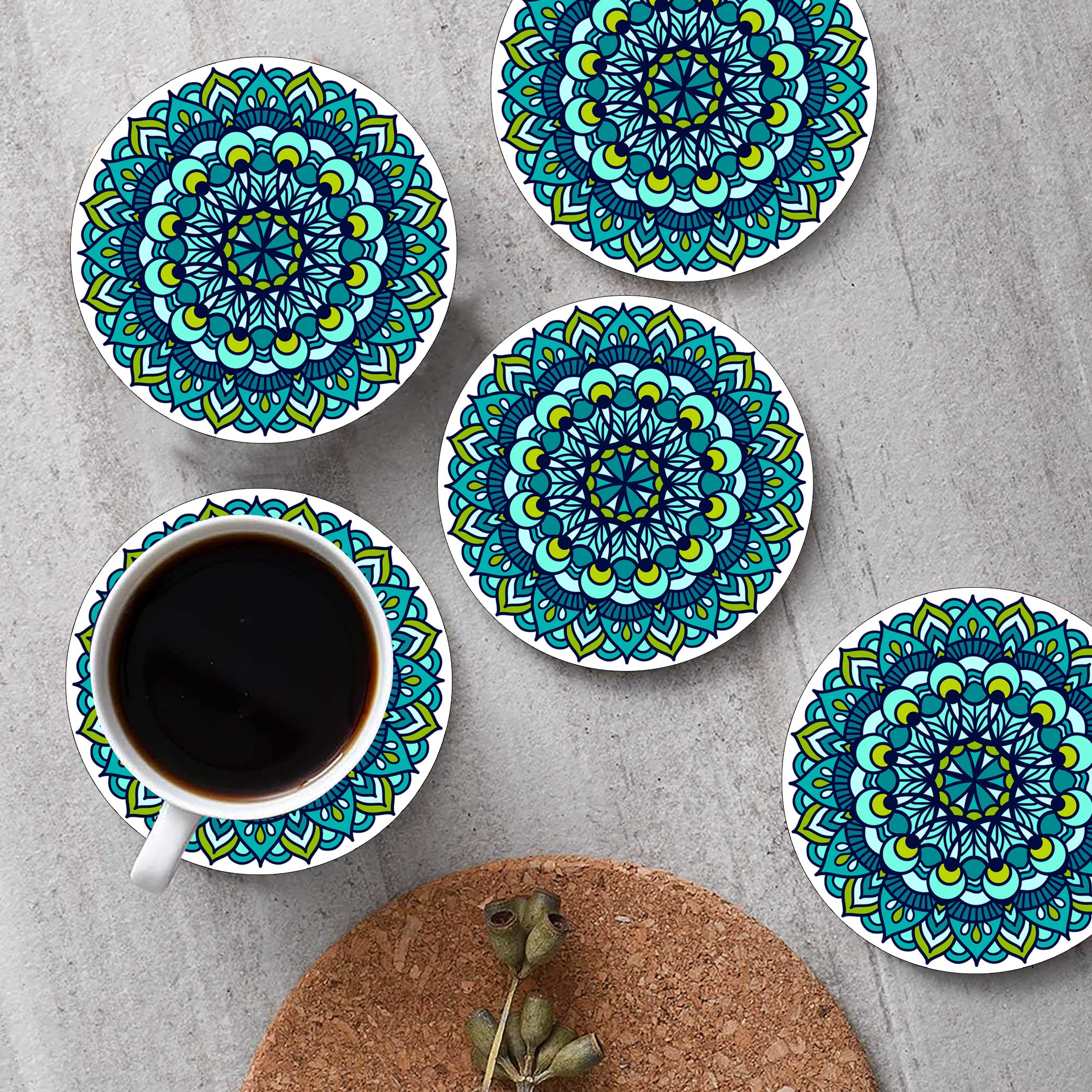 TRENDING MDF Coaster Set of 6 Beautiful Wooden Coasters with Proper Coaster Designer Coaster Set Fit for Tea Cups, Coffee Mugs, and Glasses | Thickness:2.5 mm (Blue Mandala Art Set of 6)