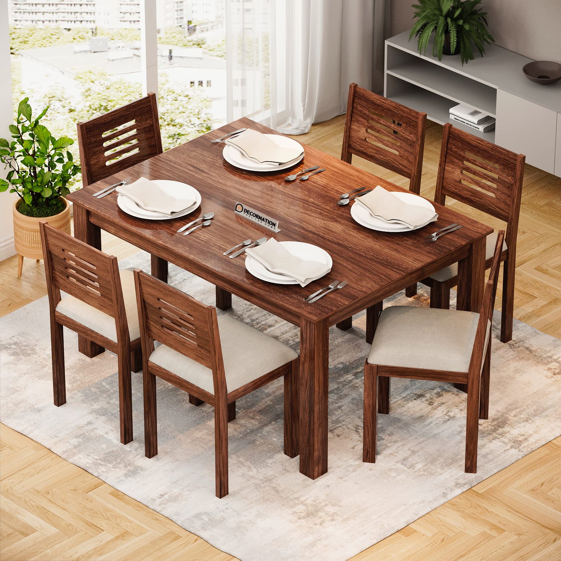 DecorNation Juliana Solid Wood 6 Seater Dining Table Set with Cushion for Home, Office (Brown)