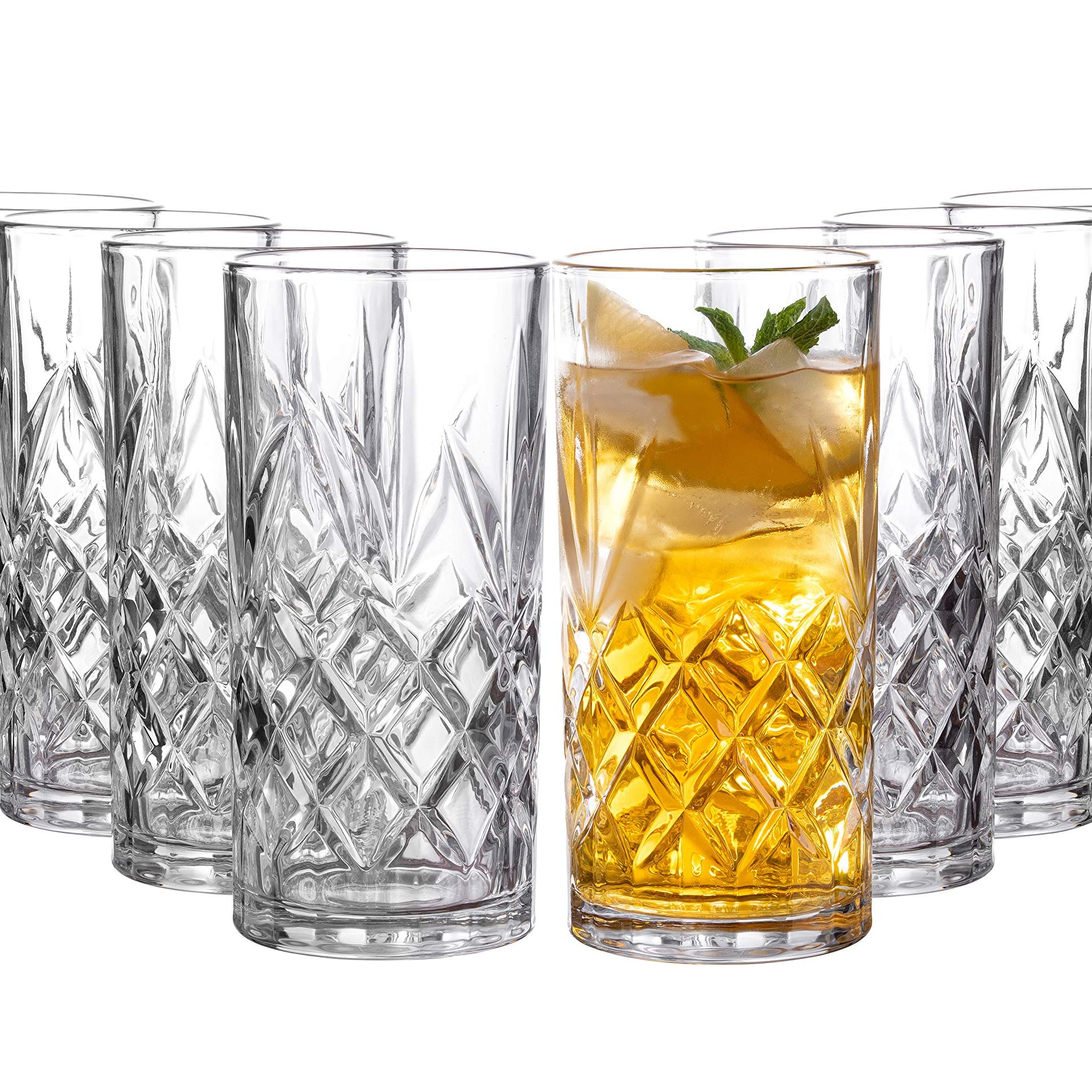 Clovelly Tall Highball Glasses Set of 8, 12 Ounce Cups, Textured Designer Glassware for Drinking Water, Beer, or Soda, Trendy and Elegant Dishware, Dishwasher Safe