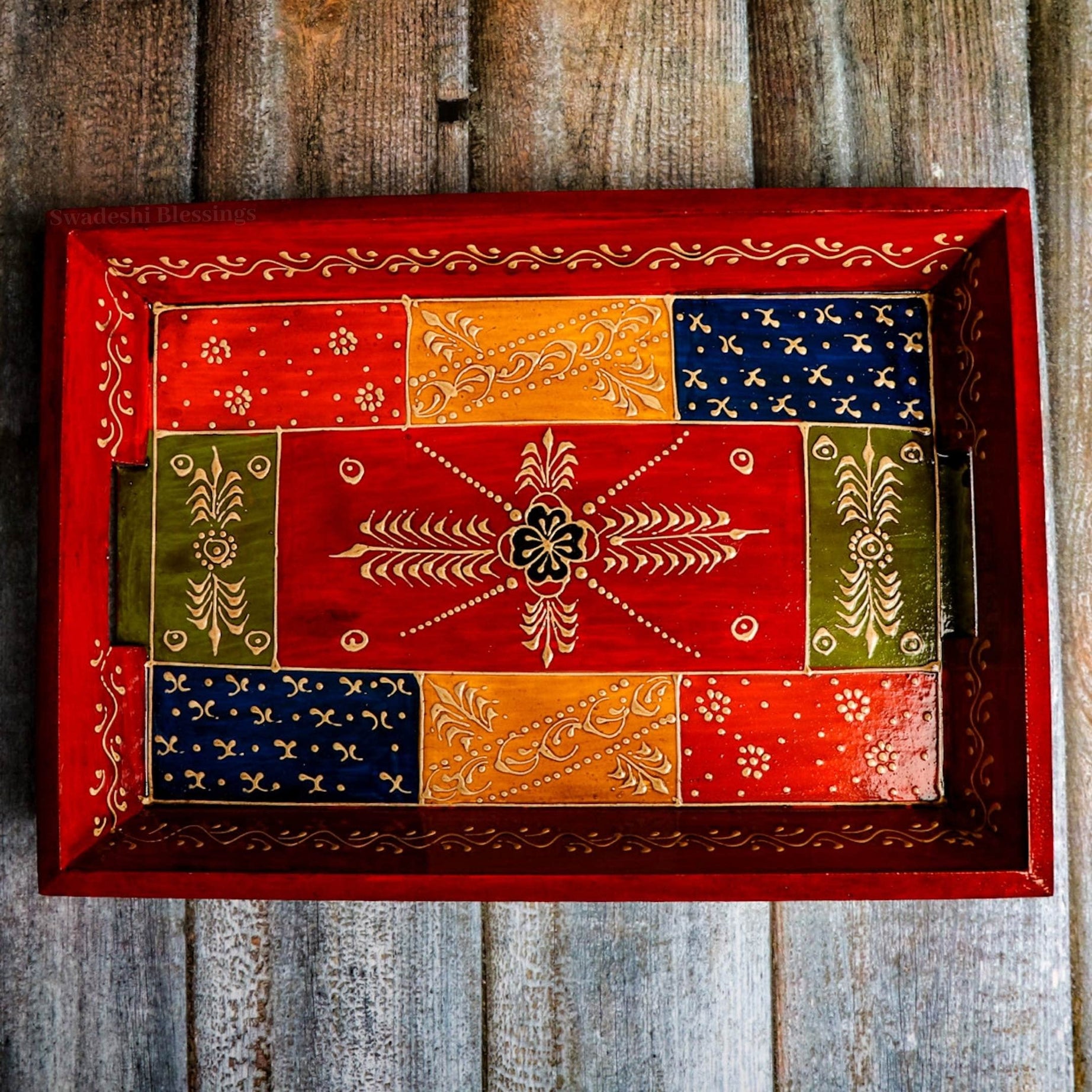 Swadeshi Blessings Wooden Tray for Serving- Handcrafted & Hand-Painted for Kitchen/Table & Home Decor/Dinning/Gifts/Restaurants/Living Room/Coffee Table 30Cm (Single Tray) (Antique Red), Rectangular