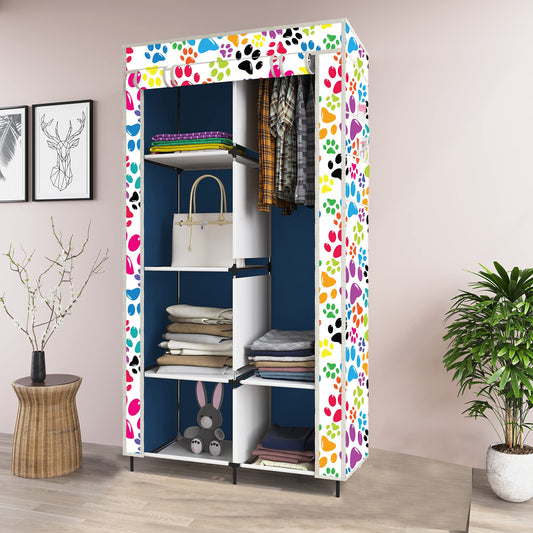 GTC® Printed Collapsible Wardrobe Portable Foldable Closet for Clothes Almira, 1 Hanging Space, 6 Shelves, 1 Side Pocket Non-Woven Fabric 100 GSM (2001-1 Dog Blue)