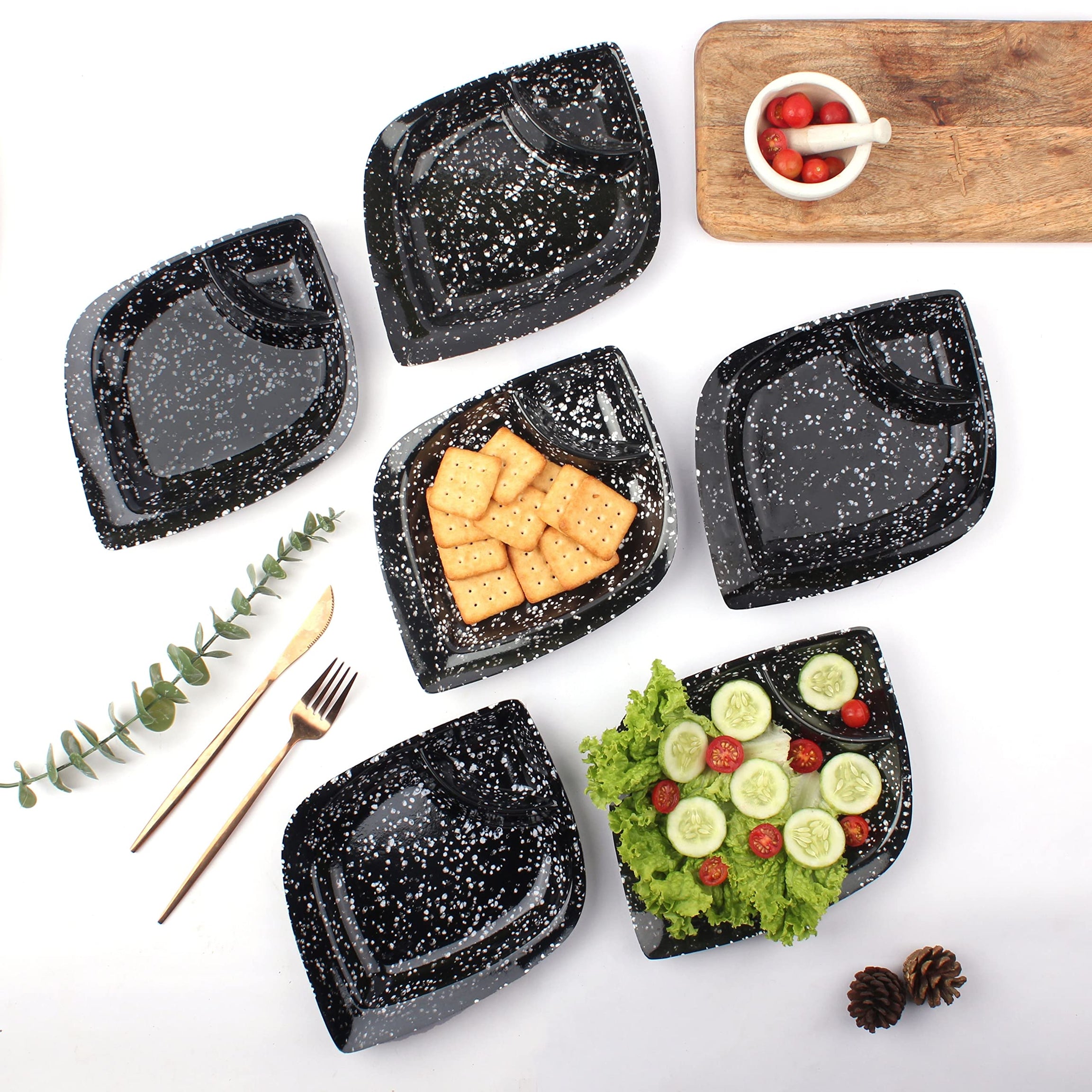 Castleite Fox Multi-Purpose Kitchen Serving Platter: Deluxe Melamine Crockery Set of 6 - Versatile Chip and Dip Dish for Snacks, Starters & Desserts (Marble Black)