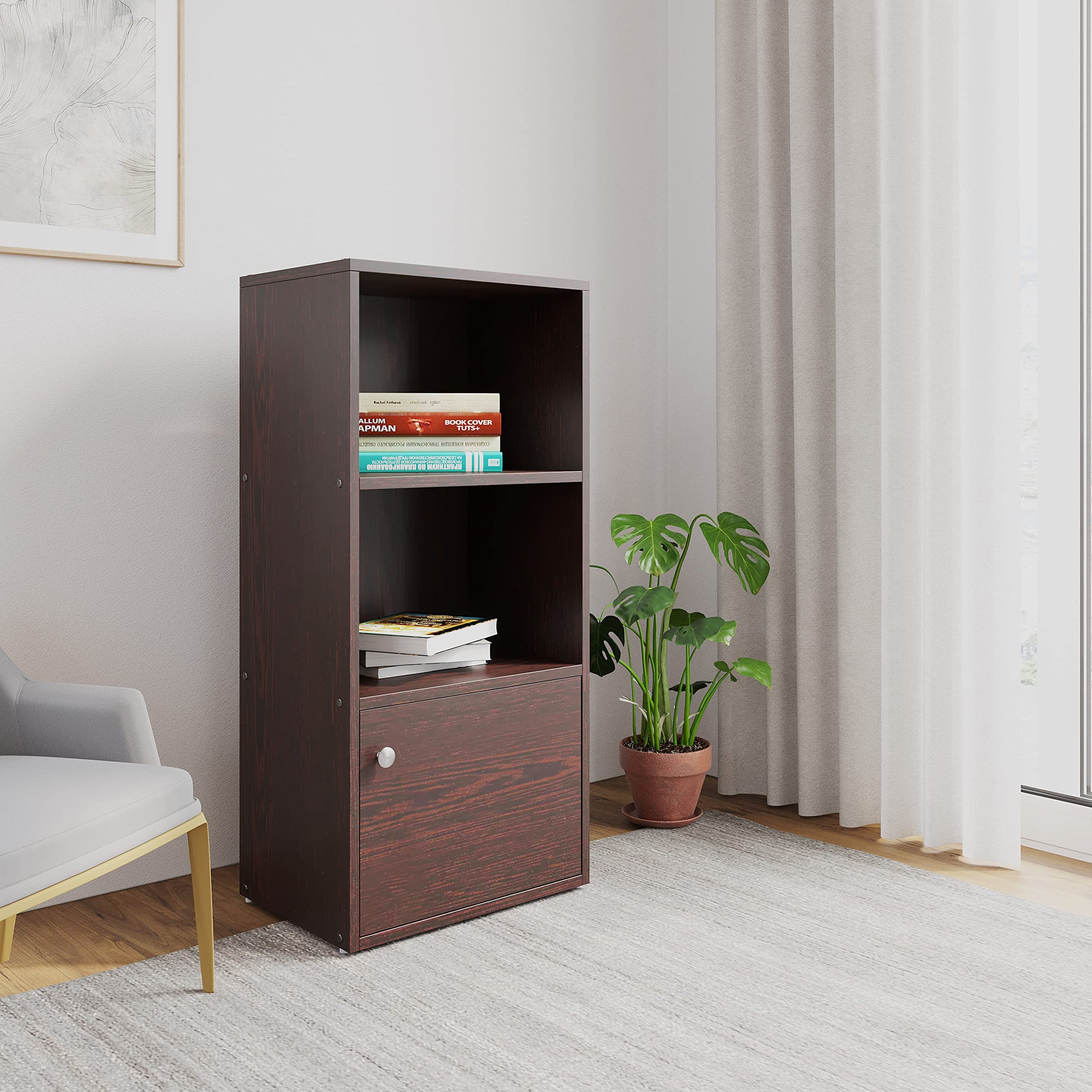 Nilkamal Boston Engineered Wood Book Case | Book Cabinet with 1 Open Shelf and 1 Cabinet Storage (New Wenge)