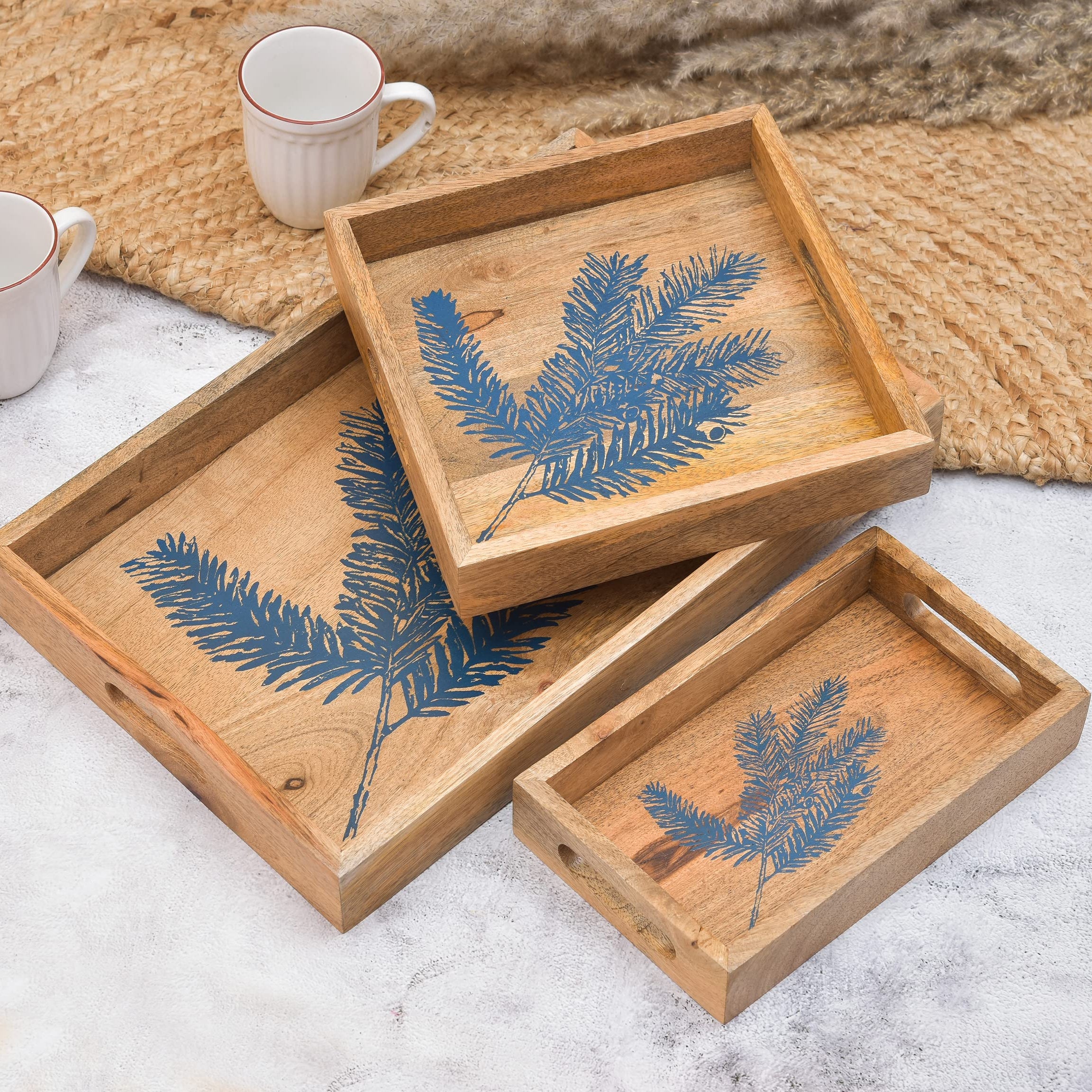 OGGN Blue Leaf Printed Wooden Serving Tray Set of 3, Handmade Wood Platter with Handles, Tea Breakfast Wood Plate, Trays for Kitchen, Dining Table (Pack of 3)