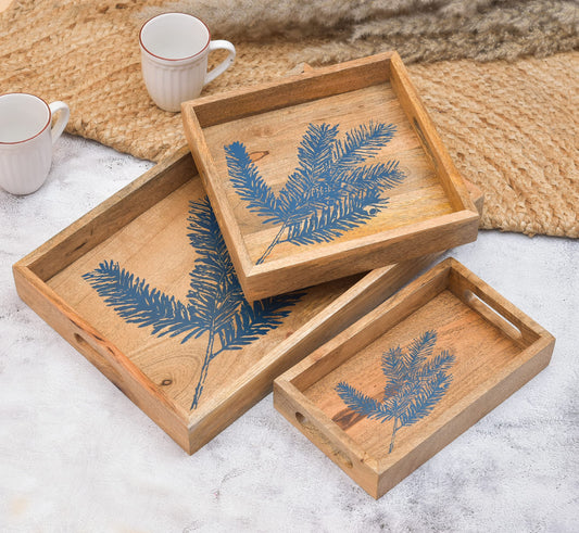 OGGN Blue Leaf Printed Wooden Serving Tray Set of 3, Handmade Wood Platter with Handles, Tea Breakfast Wood Plate, Trays for Kitchen, Dining Table (Pack of 3)