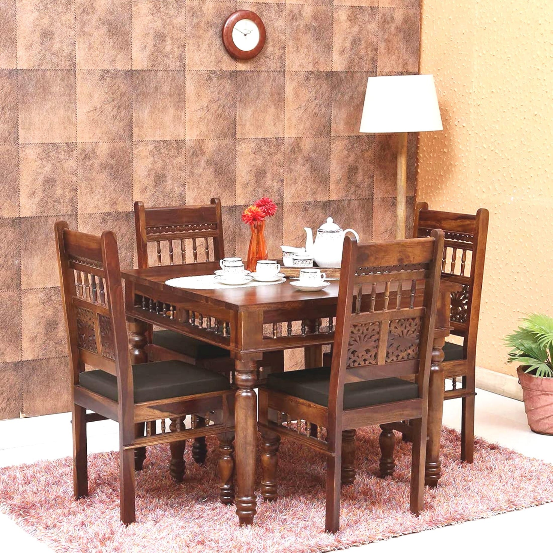 Jangid Handicraft Solid Sheesham Wood Traditional Dining Table 4 Seater | Wooden Four Seater Dinning Table with 4 Chairs for Home | Chairs with Cushion | Dining Room Sets for Restaurants | Dark Brown