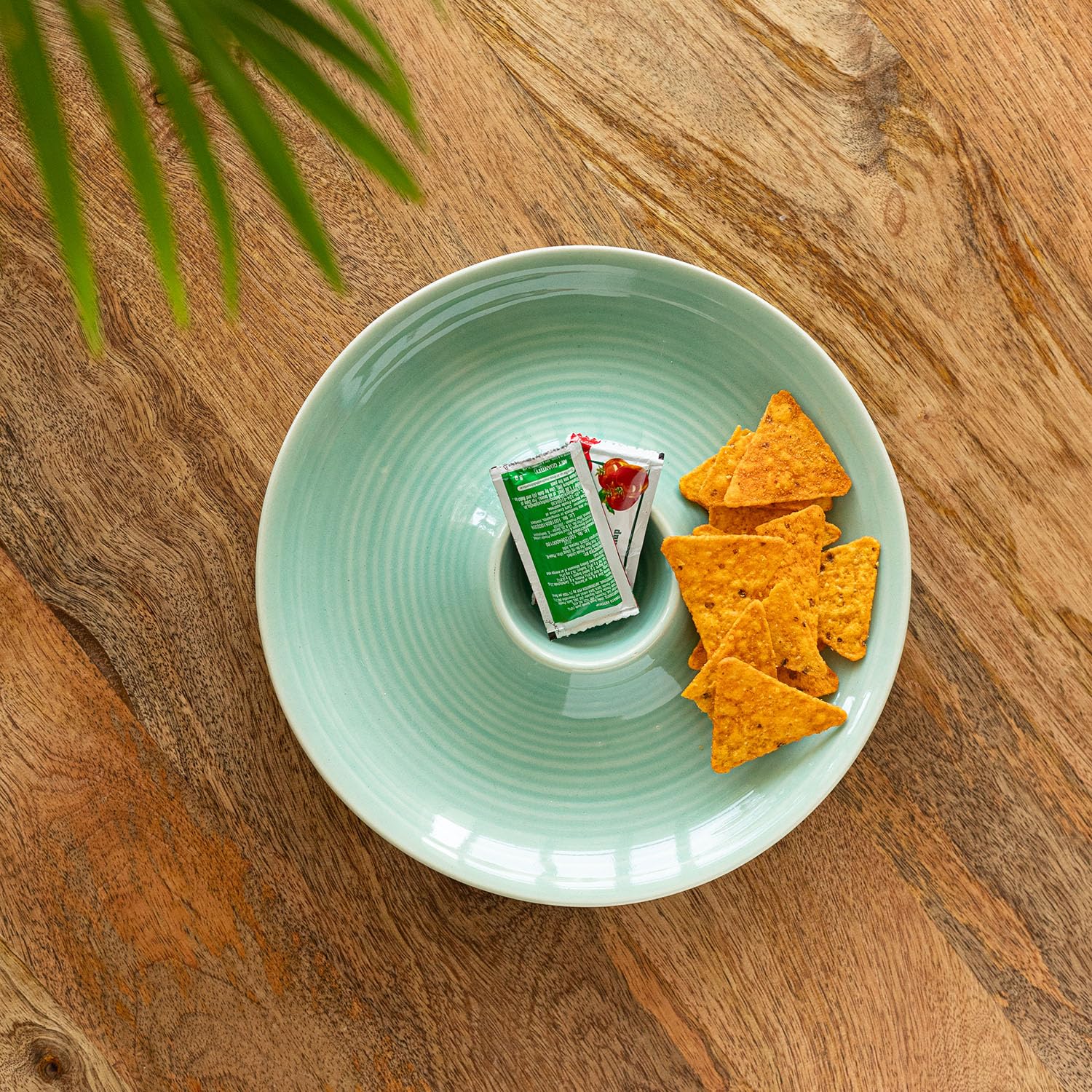 ExclusiveLane 'Caribbean Green' Ceramic Chip-N-Dip Serving Platter for Dining Table (Hand Glazed, Microwave & Dishwasher Safe) | Ceramic Serving Platter for Snacks Starter Plates for Serving Snacks