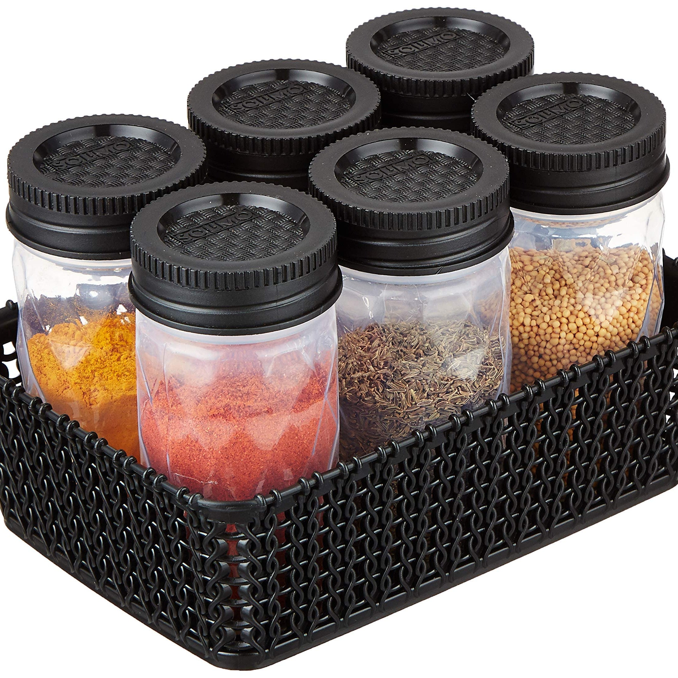 Amazon Brand - Solimo Twister Airtight Plastic Jar, Set of 6 (Geometric Pattern) with Woven Basket Holder (Black)