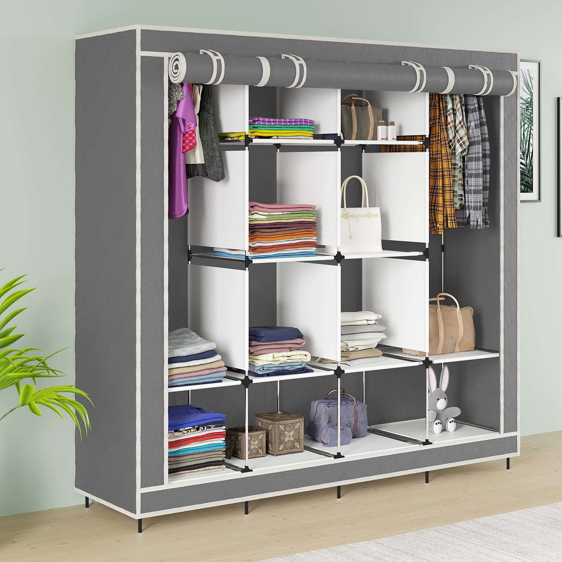 GTC 12 Shelves Fancy Layer Collapsible Wardrobe Portable Almirah Foldable Racks for Clothes Cupboard Cloth Organizer Non Rustable Iron and PP Plastic (Self Assemble) (88170) (Grey)