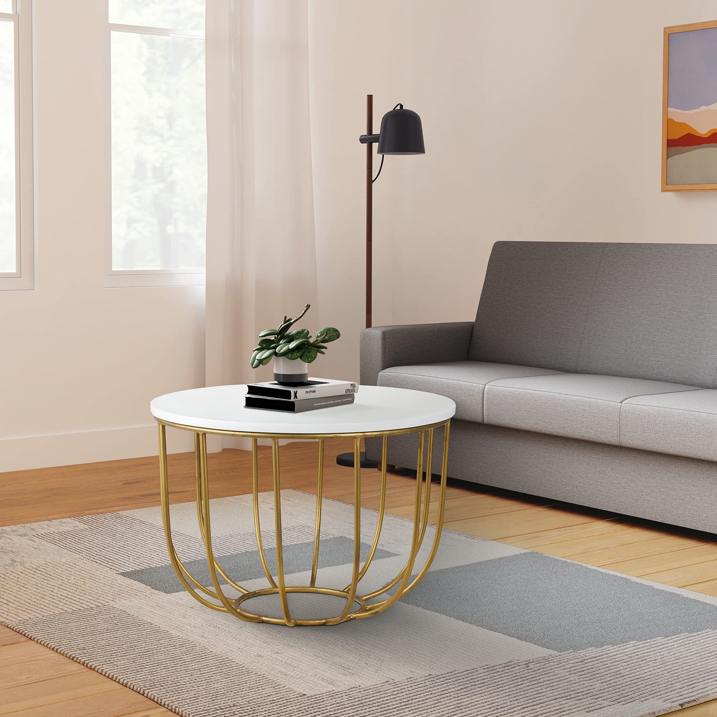 Amazon Brand - Solimo Kukine Round Coffee Table (Iron & MDF Wood, White & Golden)