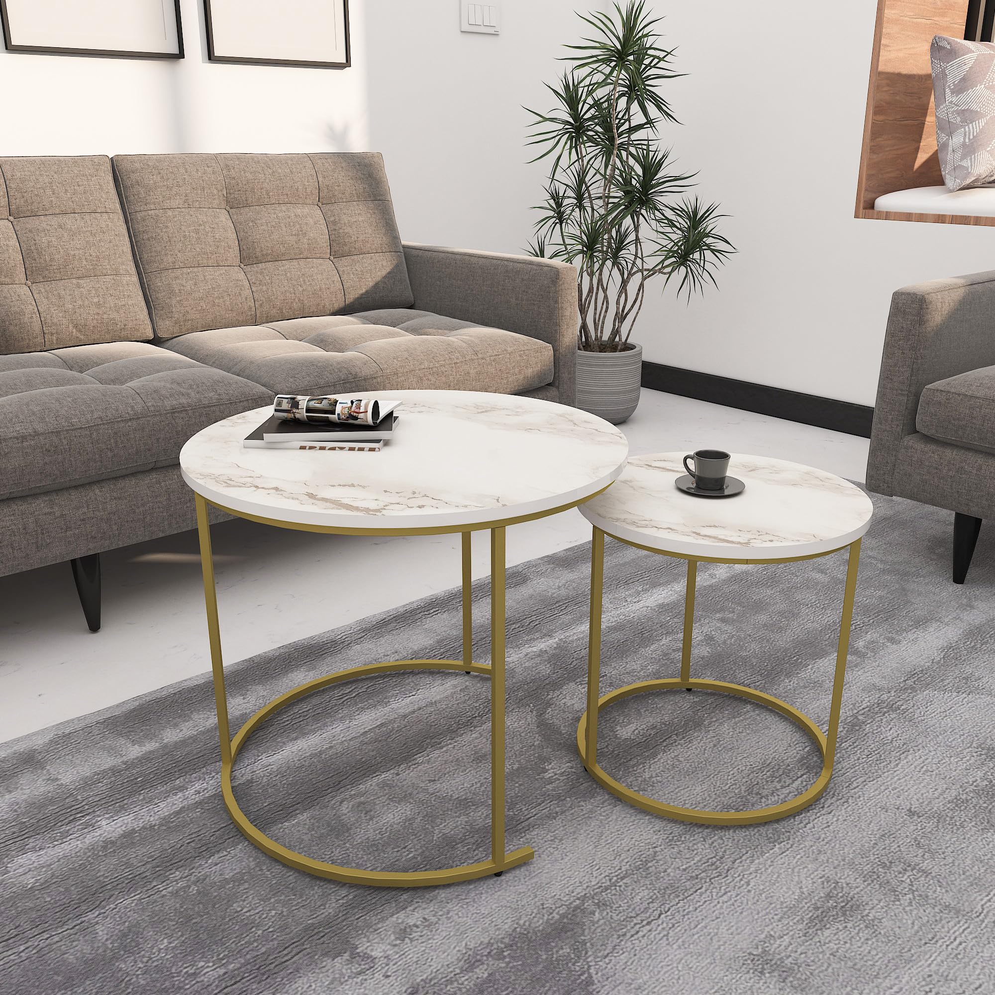 DECOWORLD Coffee Table (White Marble Finish Top with Golden Legs)