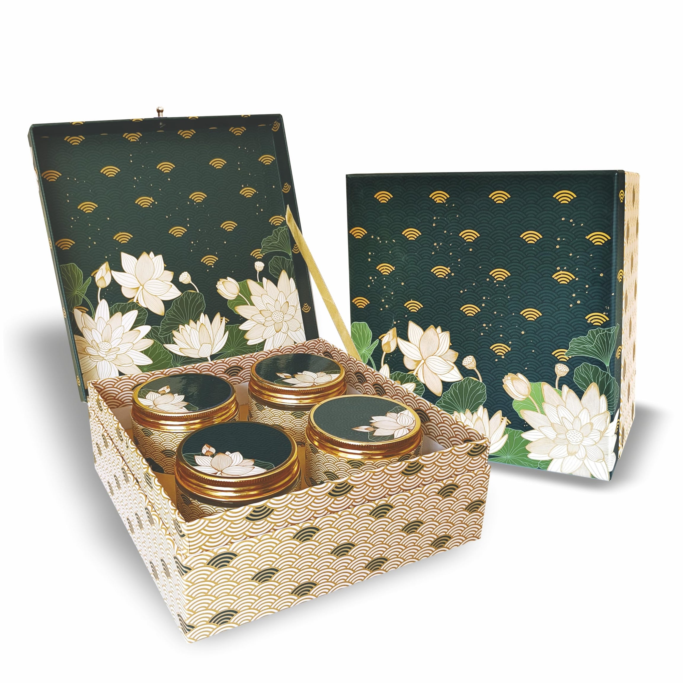 VESTTA -ELEGANCE REDEFINED Cardboard Gift Box 9(L) X 9(B) X 3.5(H) Inch Lotus Floral Gold Foiling Designer Box With 4 Empty Jars For Diwali,Weddings,Christmas,Corporate Gifts,Gift Hampers,1 Count